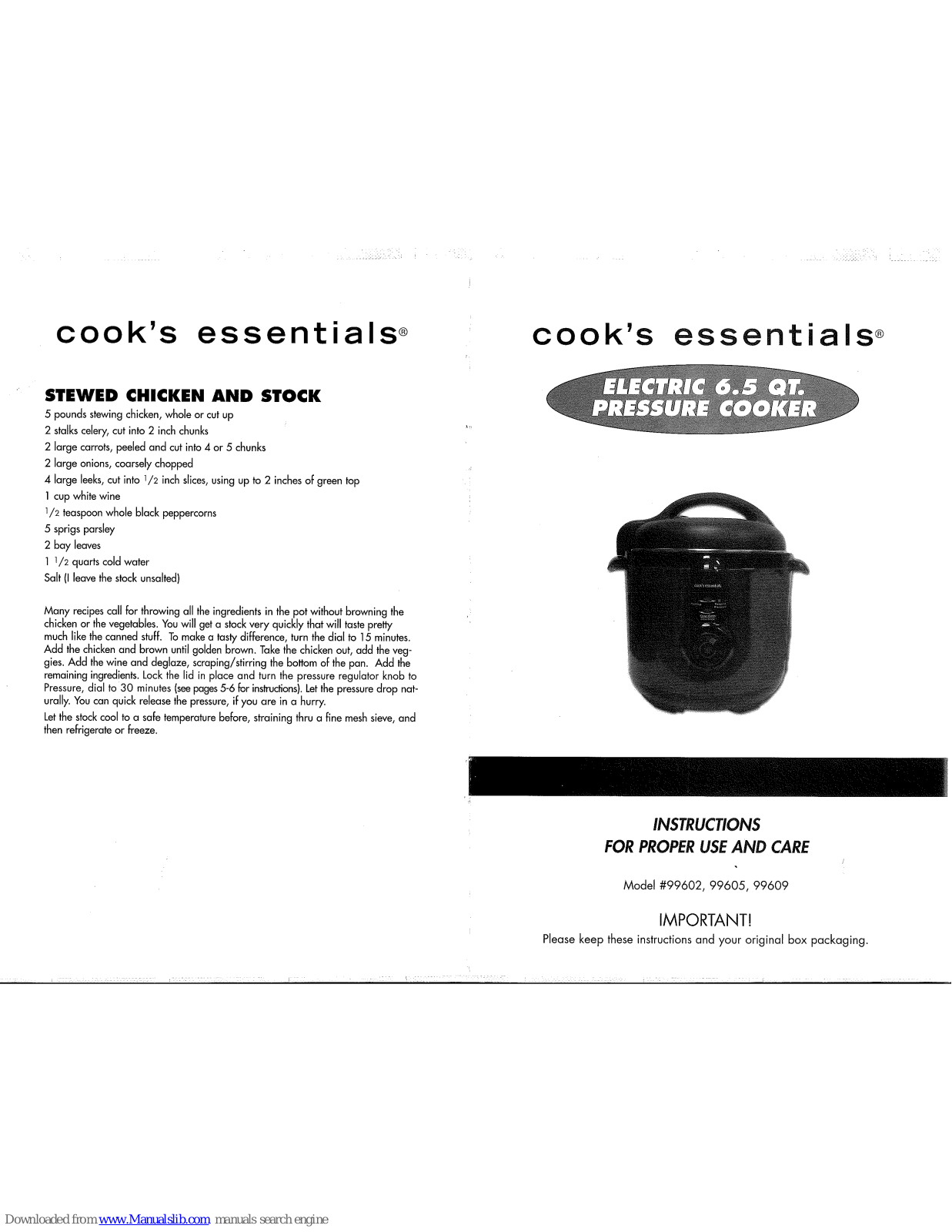 Cook's essentials 99602, 99609, 99605 Instructions For Proper Use And Care Manual