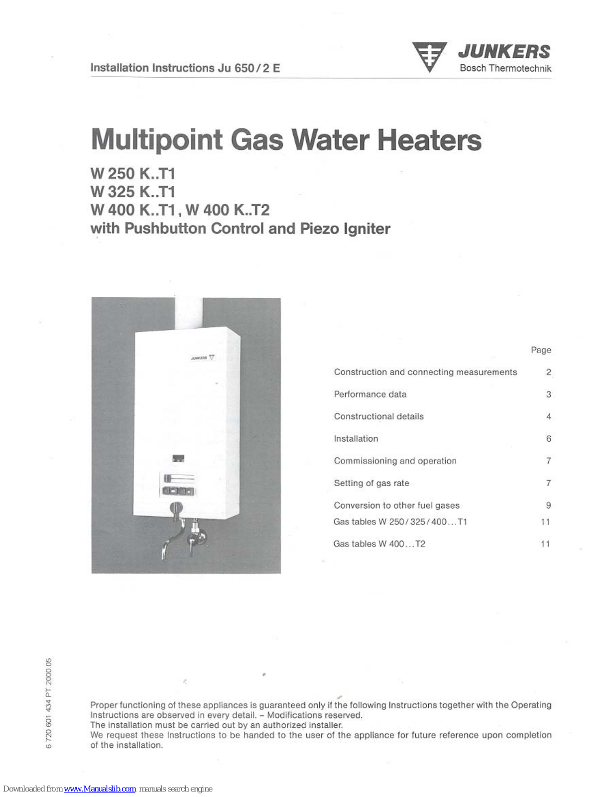 Junkers W 250 K..T1, W 400 K..T2, W 325 K...T1, W 400 K...T1 Installation Instructions Manual