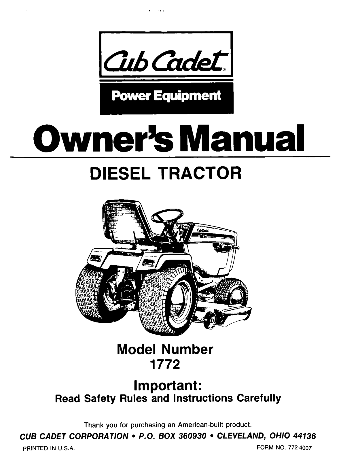 Cub Cadet Lawn Mower 1772 User Manual