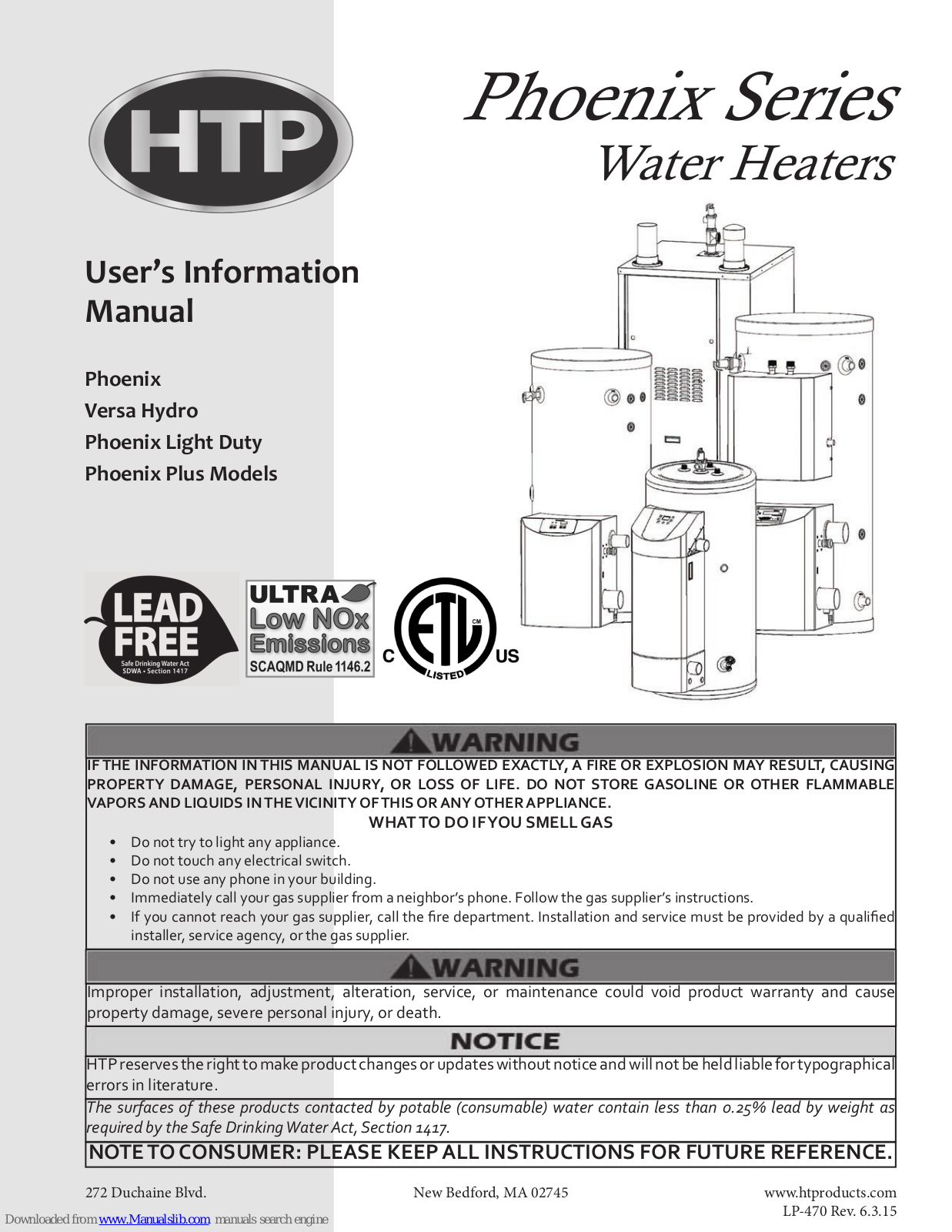 HTP Phoenix, Versa Hydro, Phoenix Light Duty, Phoenix Plus Models, Elite User's Information Manual