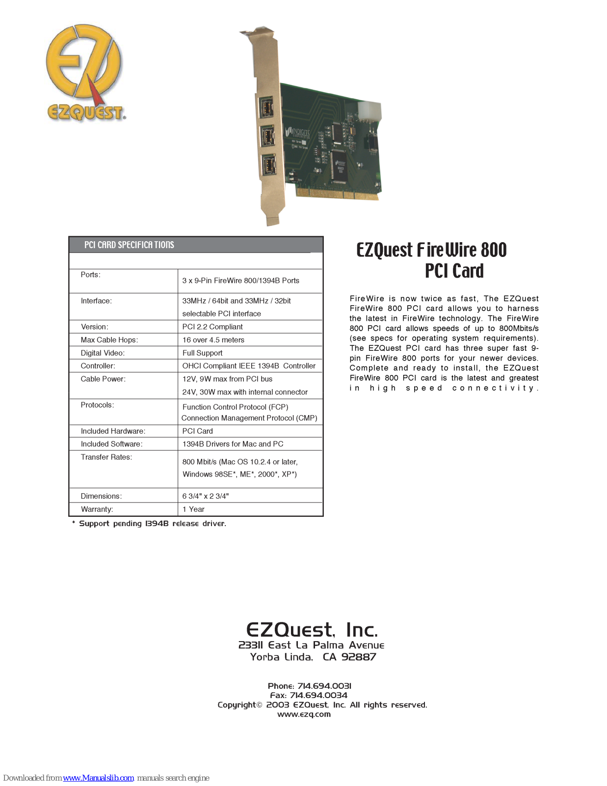 Ezquest A59999, FireWire 800 Specification Sheet - ManualMachine.com