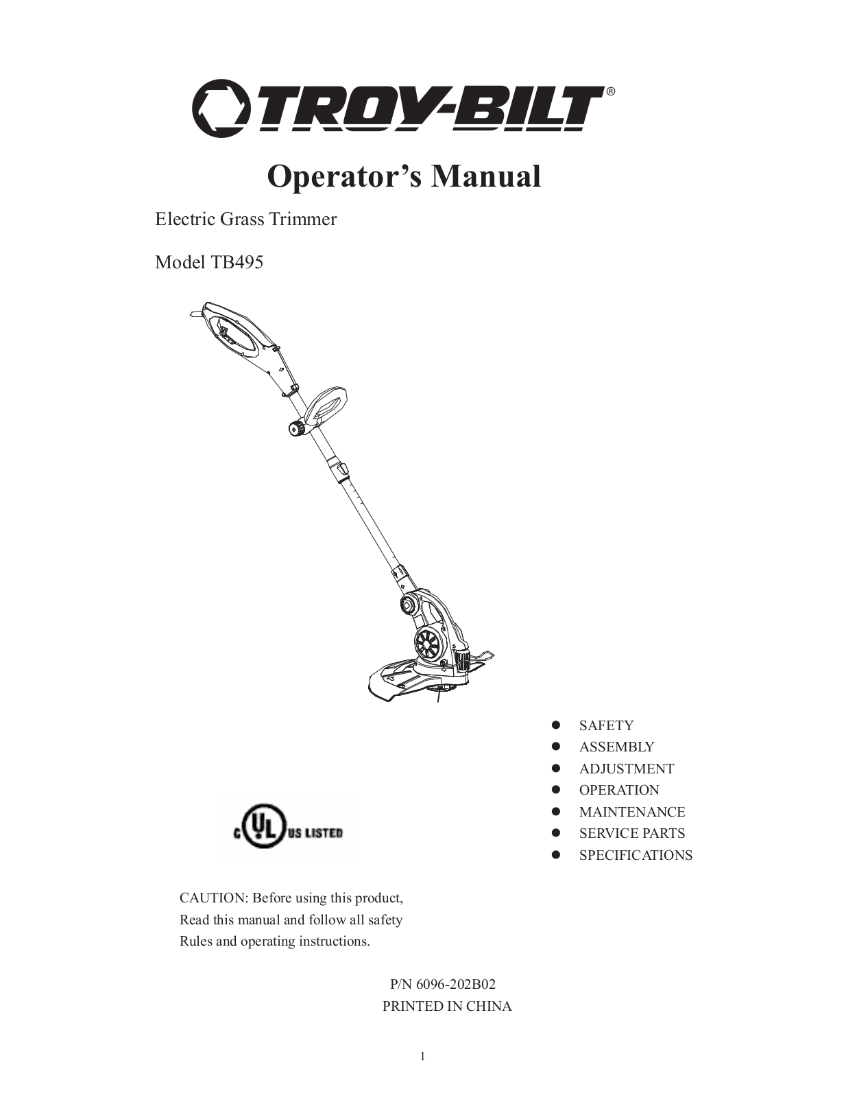 Troy-Bilt TB495 User Manual