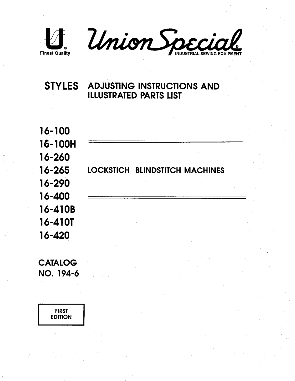 Union Special 16-100, 16-100H, 16-260, 16-265, 16-290 Parts List