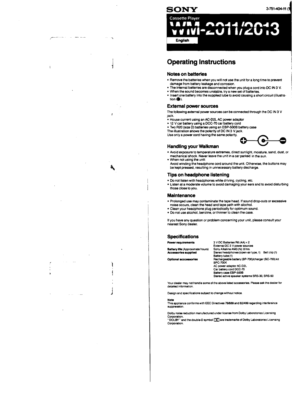 Sony WM-2011 User Manual