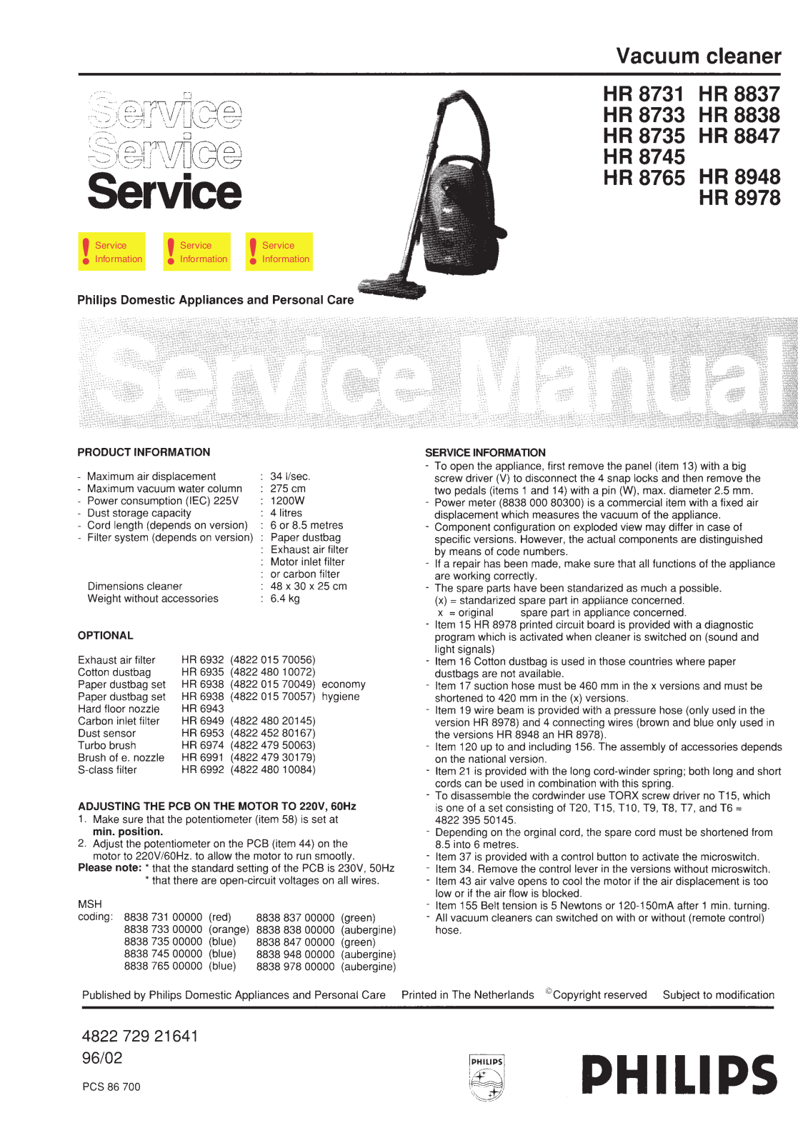 Philips HR8733, HR8745, HR8765, HR8837, HR8735 Service Manual