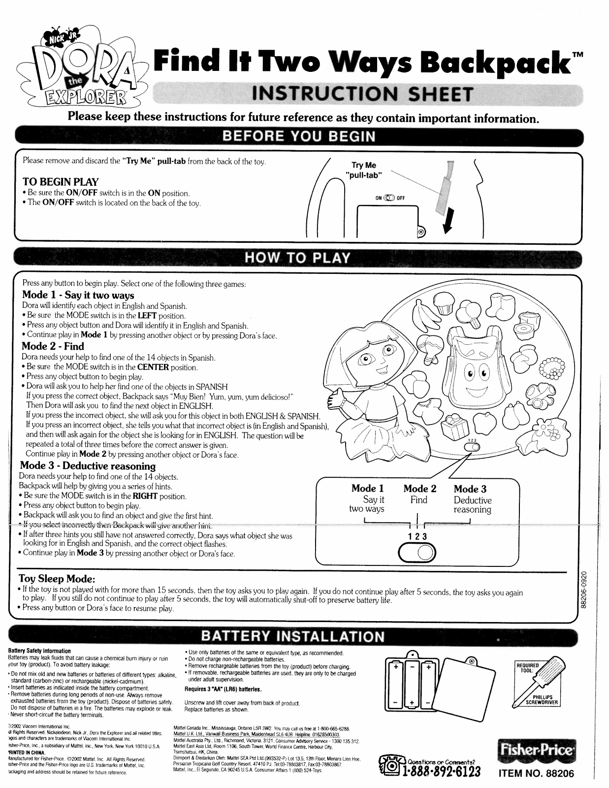 Fisher-Price 88206 Instruction Sheet