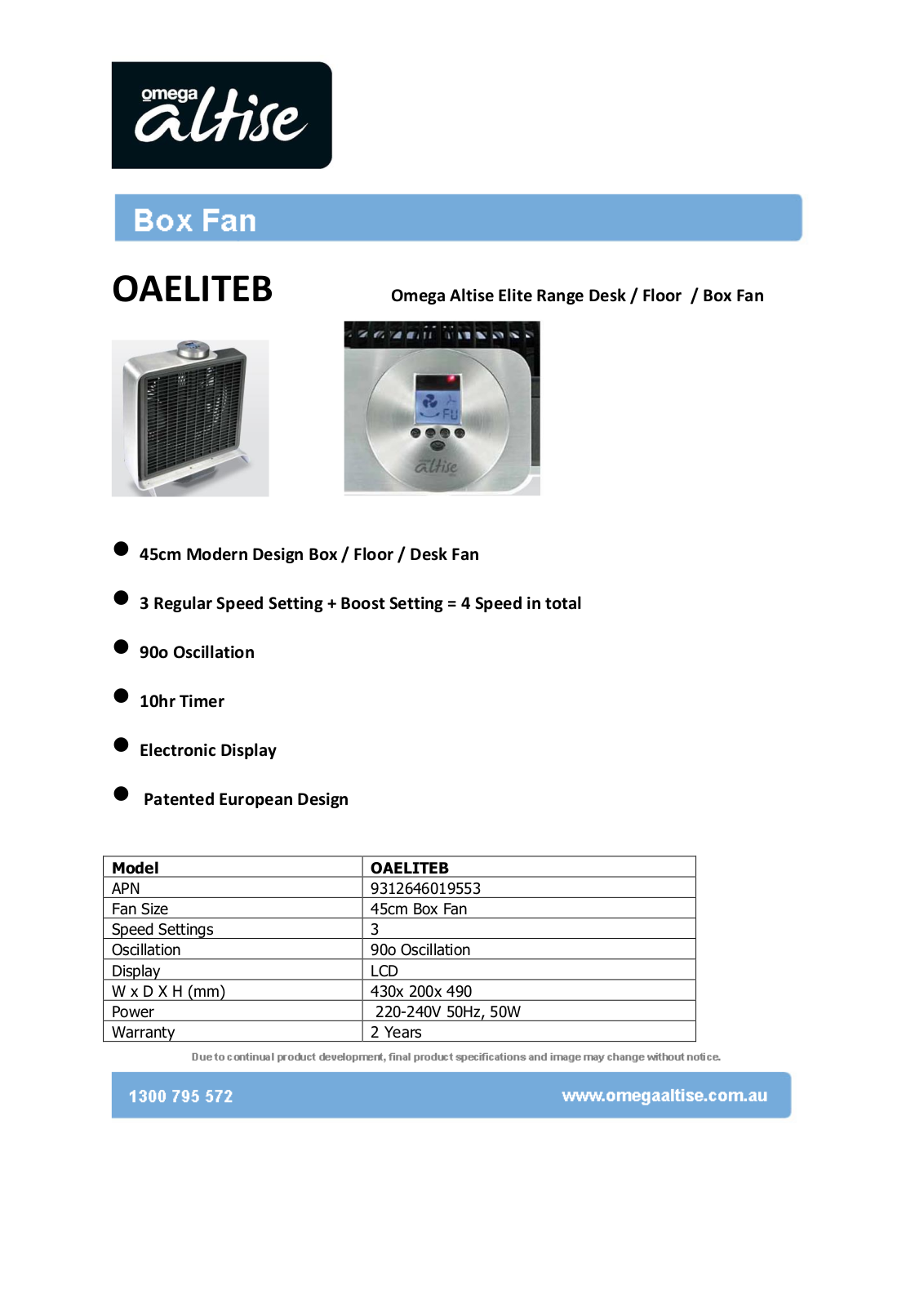 Omega Altise OAELITEB Specifications Sheet