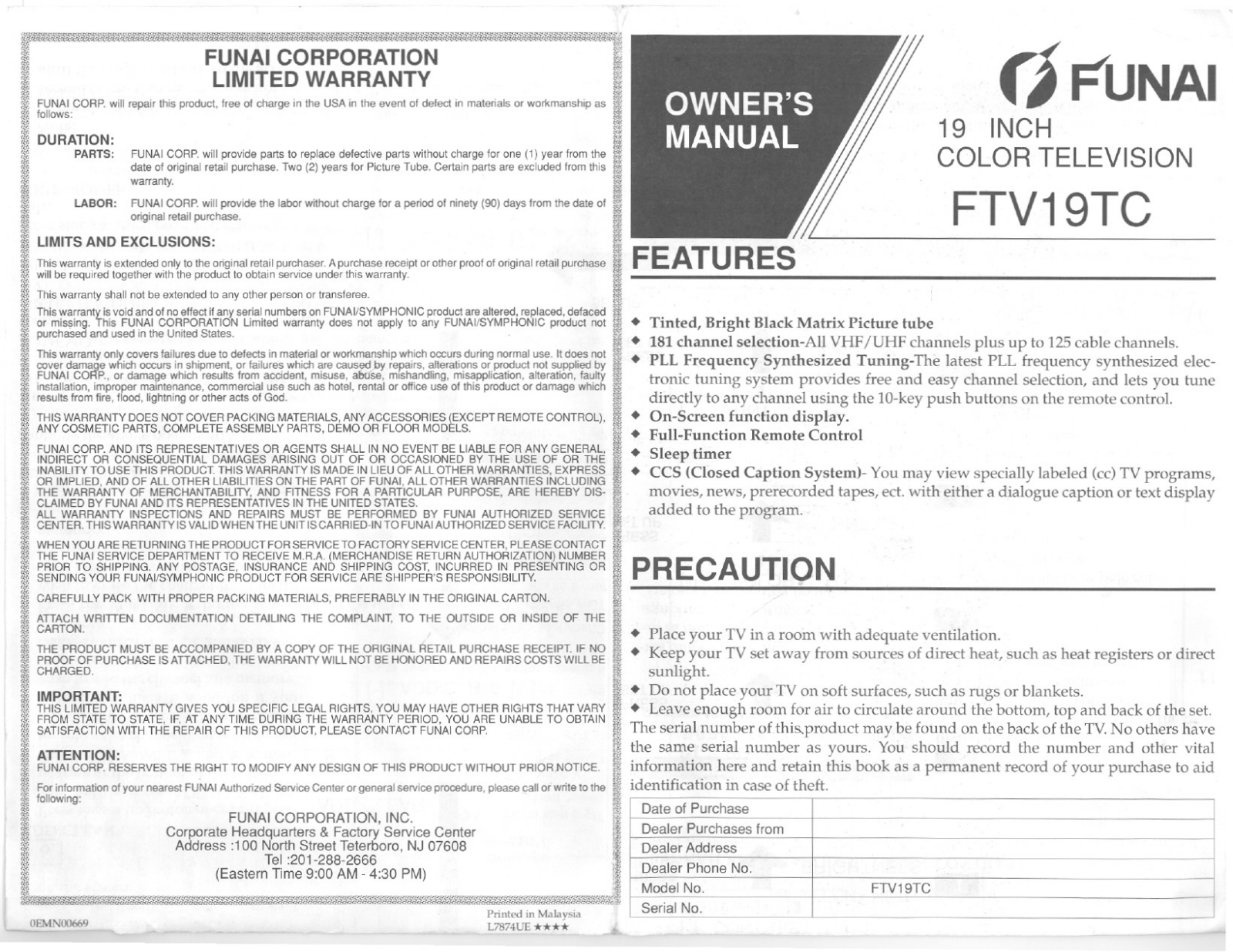 FUNAI FTV19TC User Manual