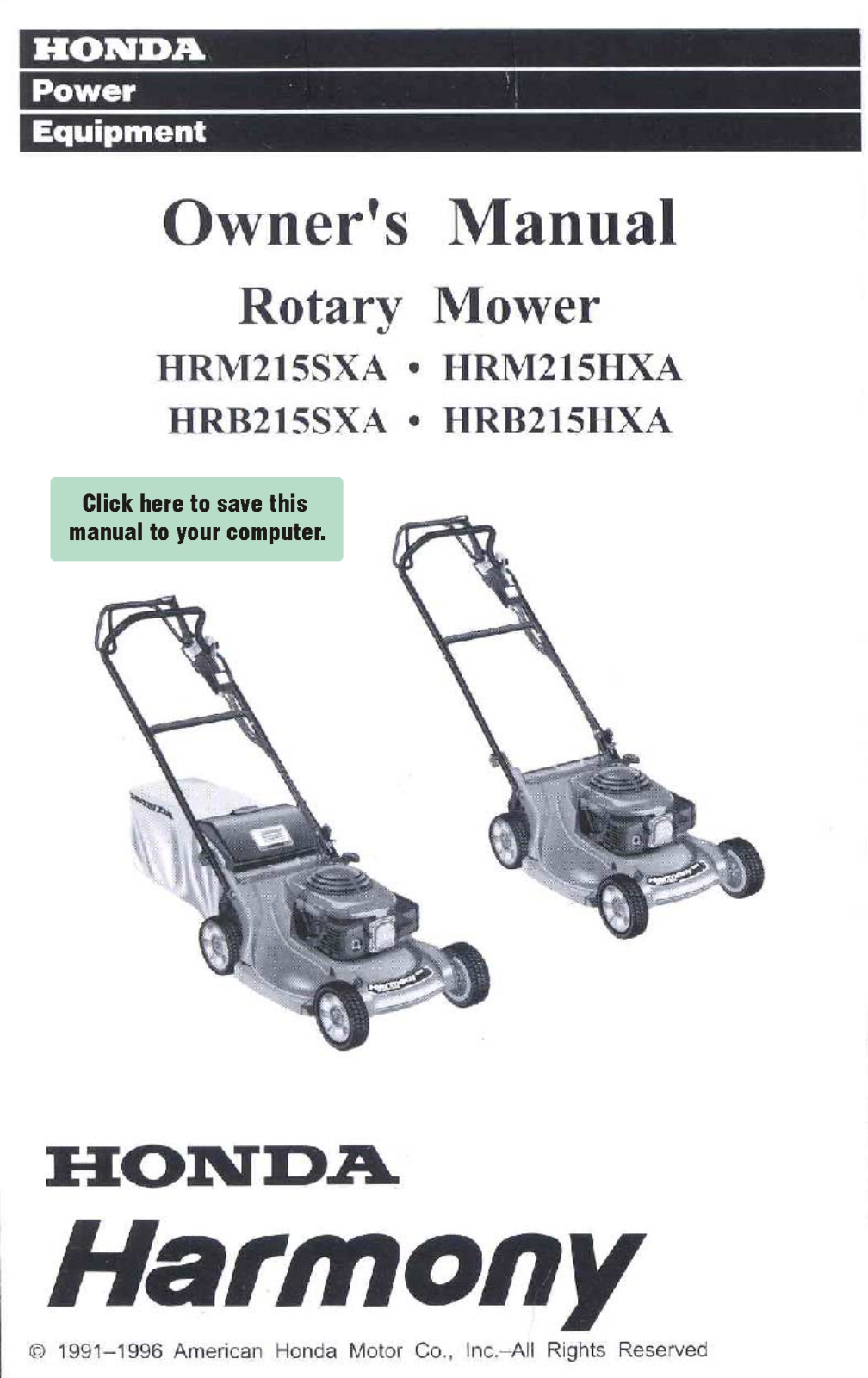 Honda Power Equipment HRB215HXA, HRM215HXA User Manual