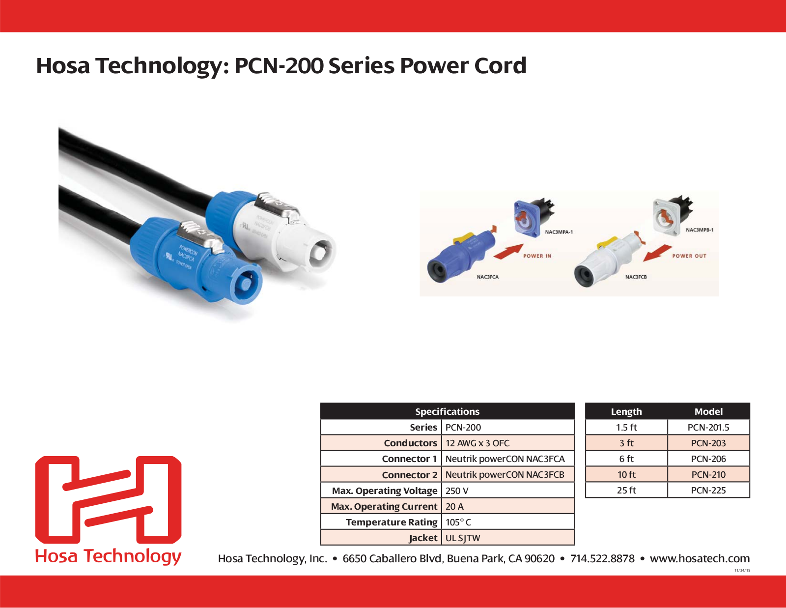 Hosa PCN-201.5, PCN-225, PCN-210, PCN-206, PCN-203 PCN-200 Specs