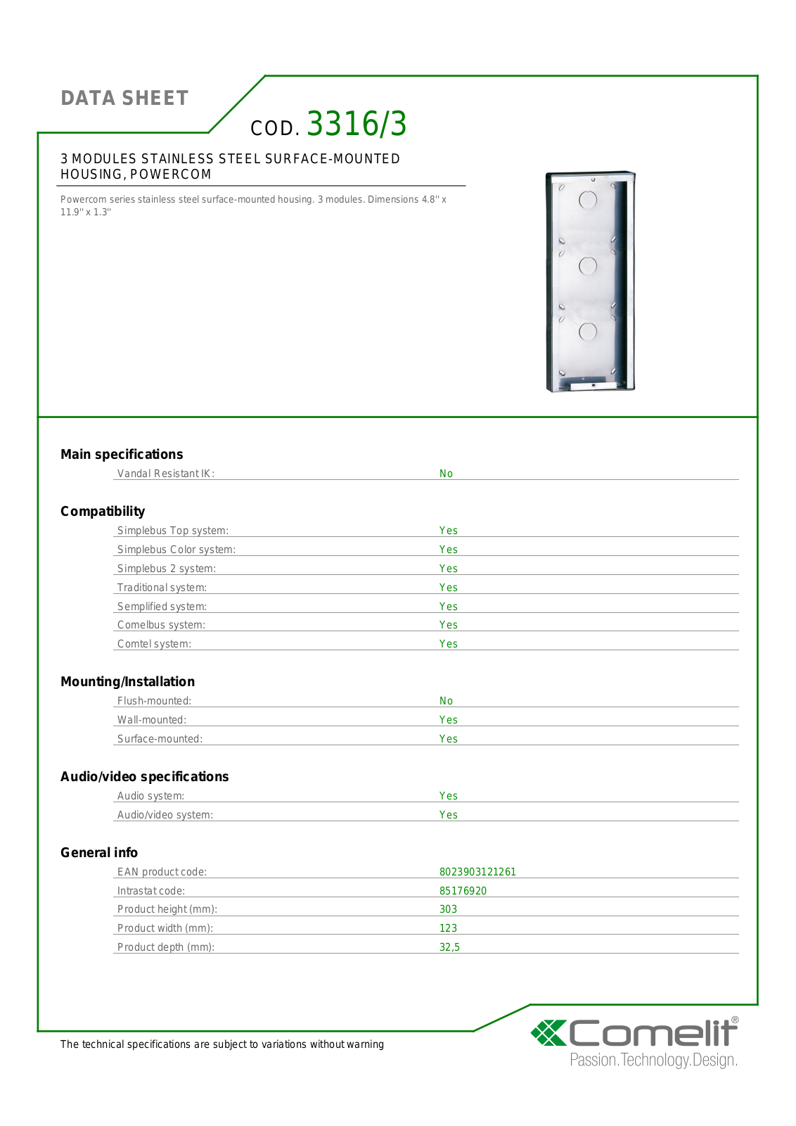 Comelit 3316-3 Specsheet - ManualMachine.com