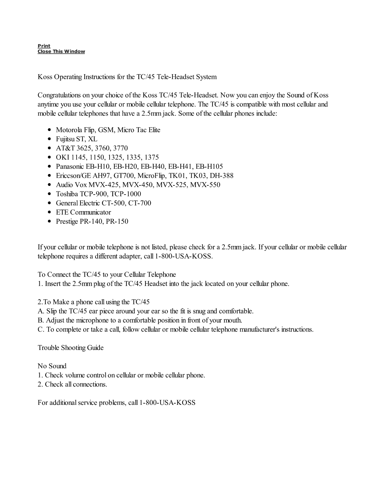 Koss TC-45 User Manual