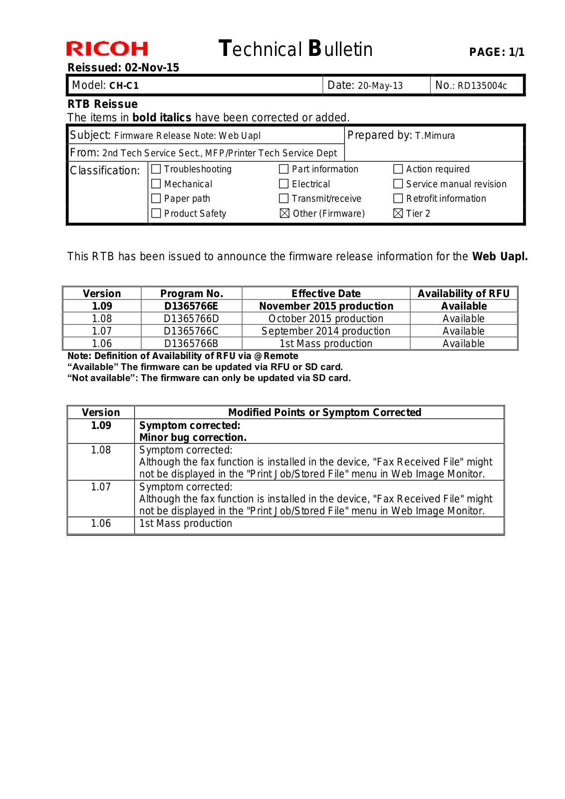 Ricoh CH-C1 Technical Bulletin - ManualMachine.com