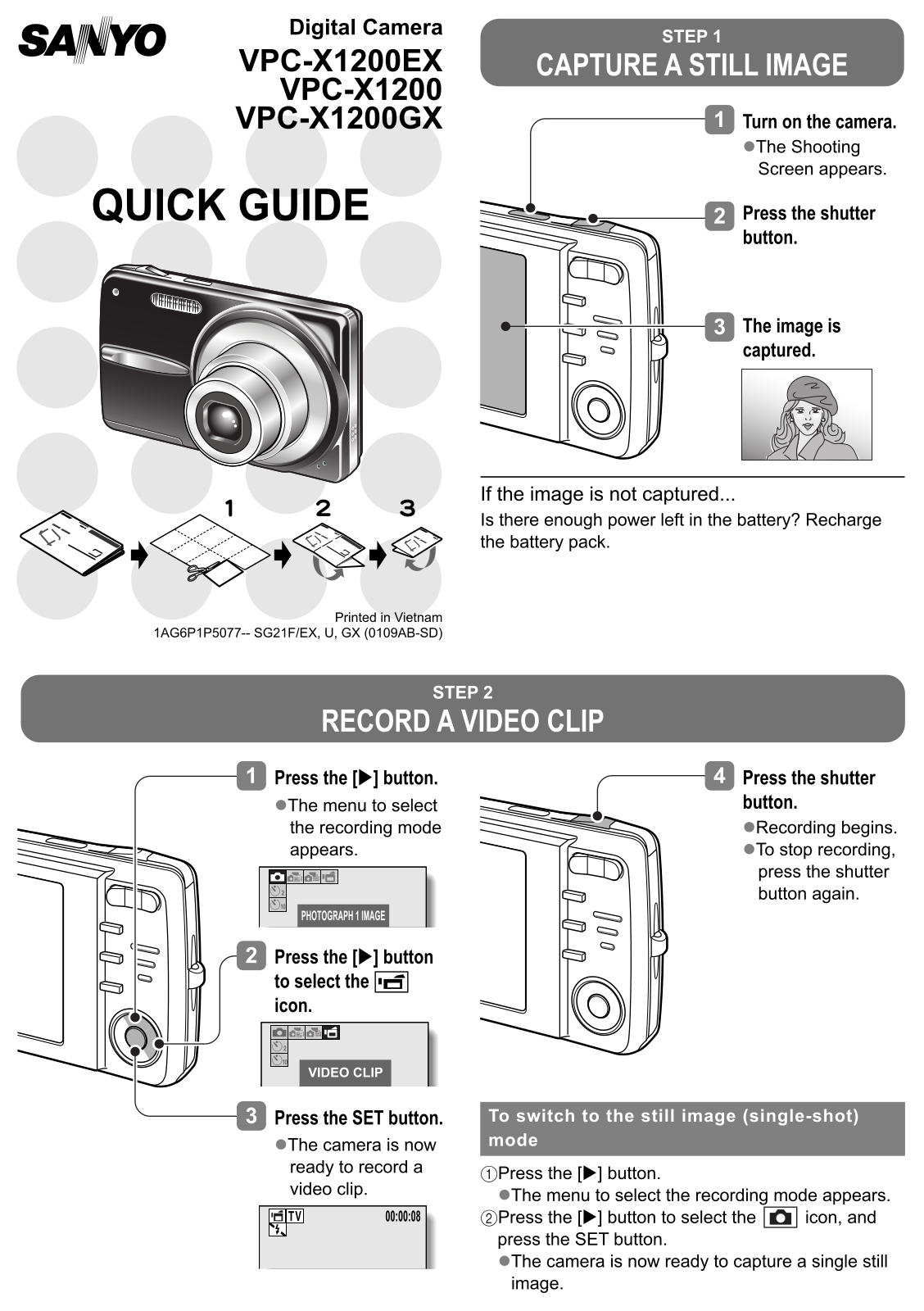 Sanyo VPC-X1200GX Quick Start Guide