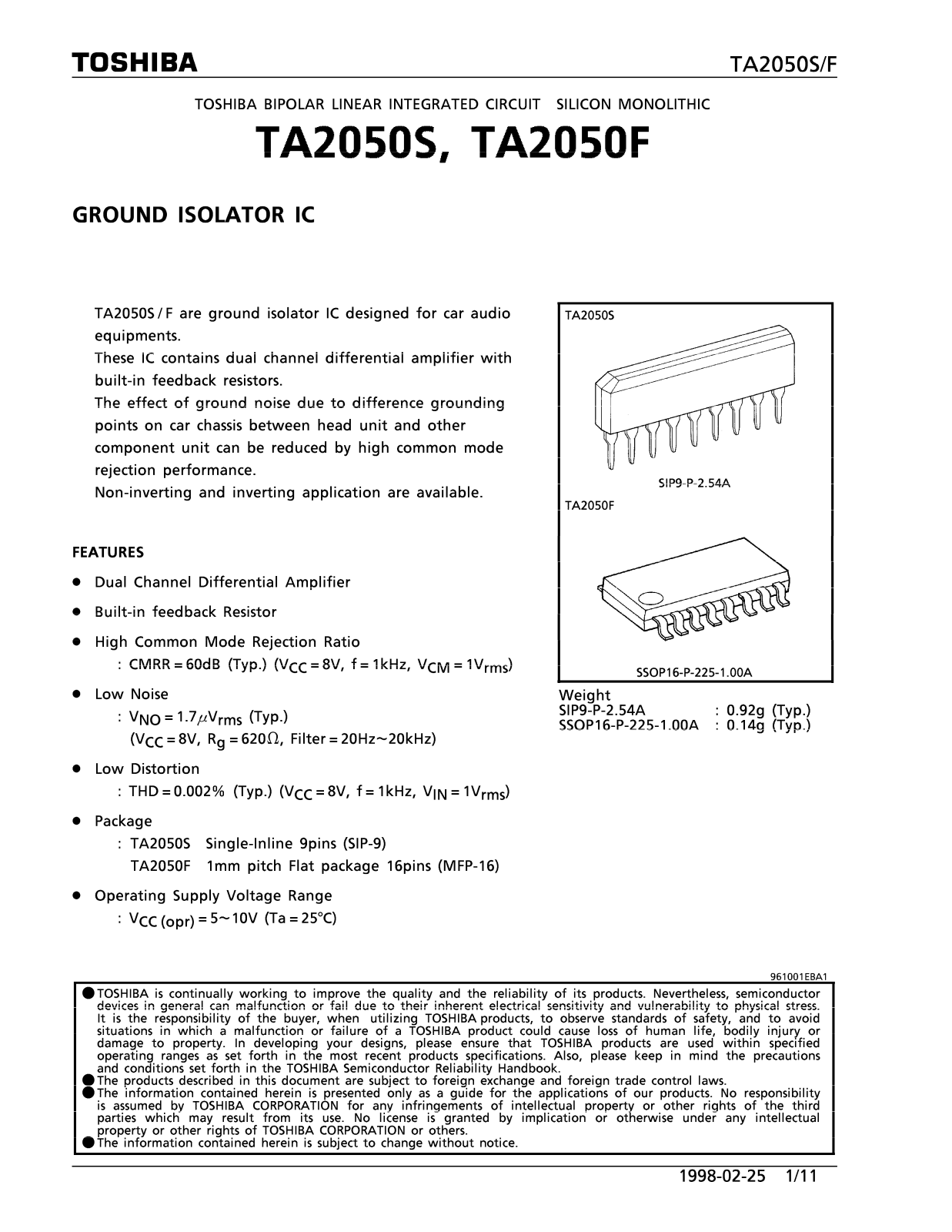 Toshiba TA2050S, TA2050F Datasheet