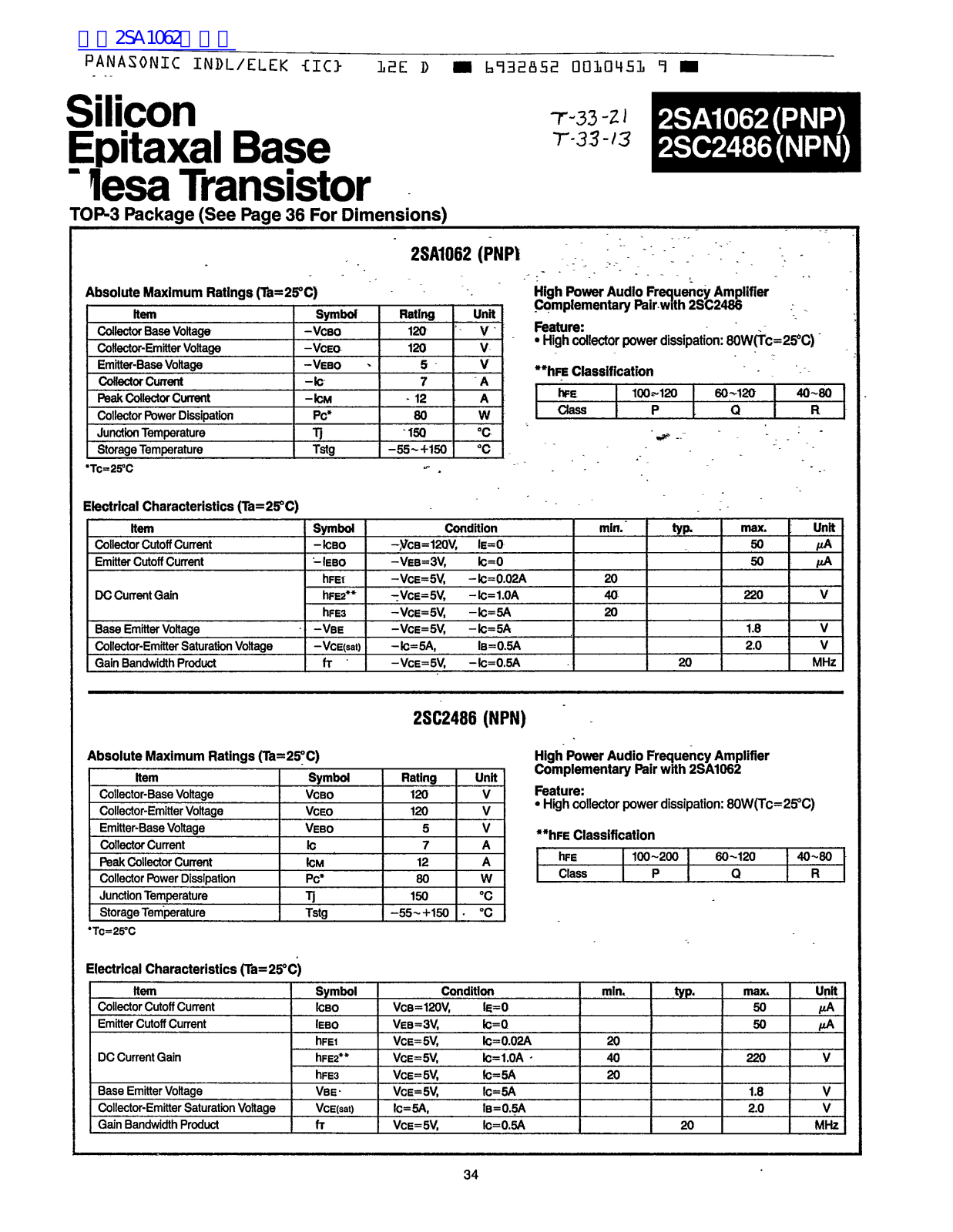 Panasonic 2SA1062, 2SC2486 User Manual