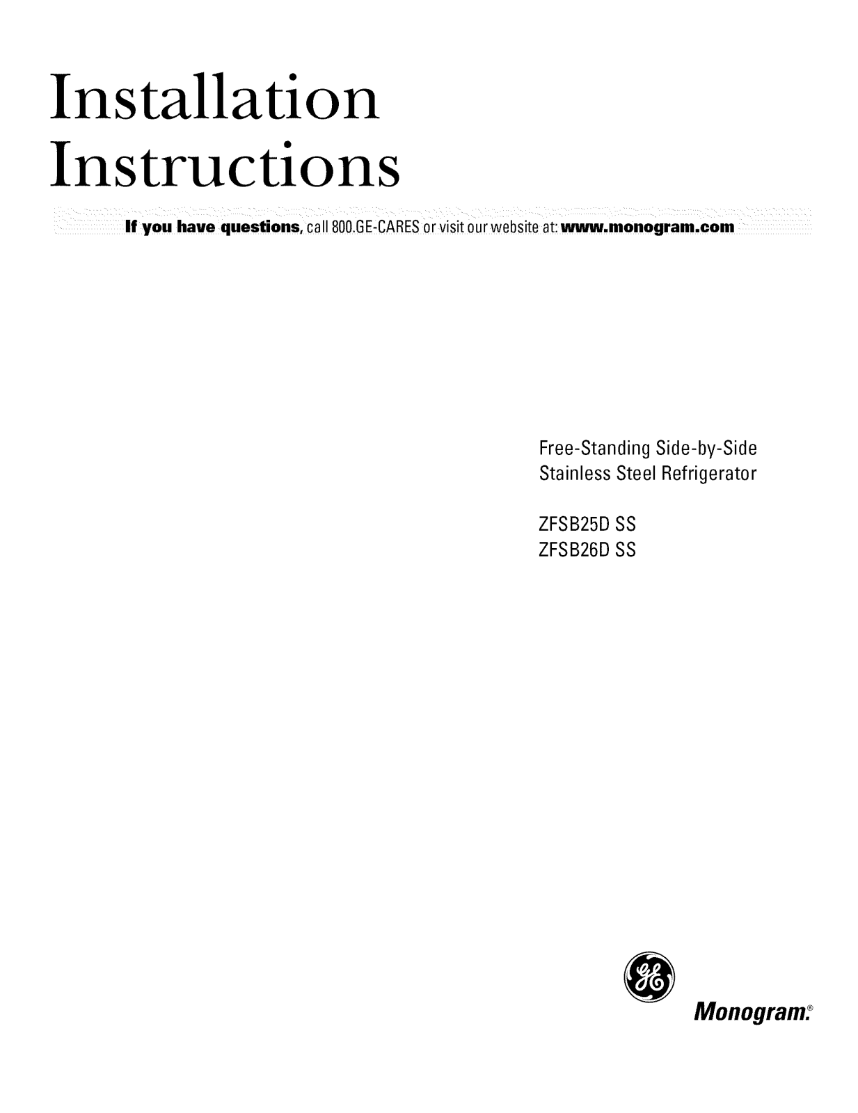 GE ZFSB23DRBSS, ZFSB23DRDSS, ZFSB23DRGSS, ZFSB26DNDSS, ZFSB26DRESS Installation Guide - ManualMachine.com