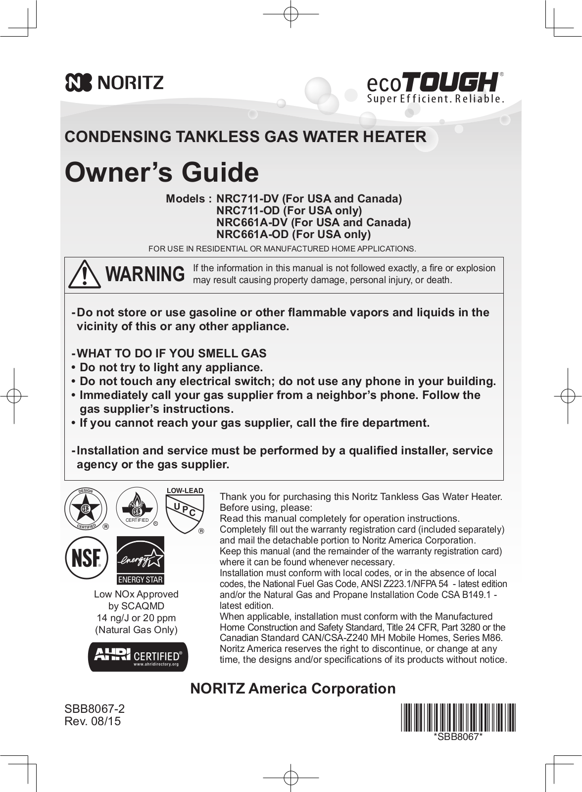 Noritz NRC661A-OD, NRC711-OD, NRC711-DV, NRC661A-DV User Manual