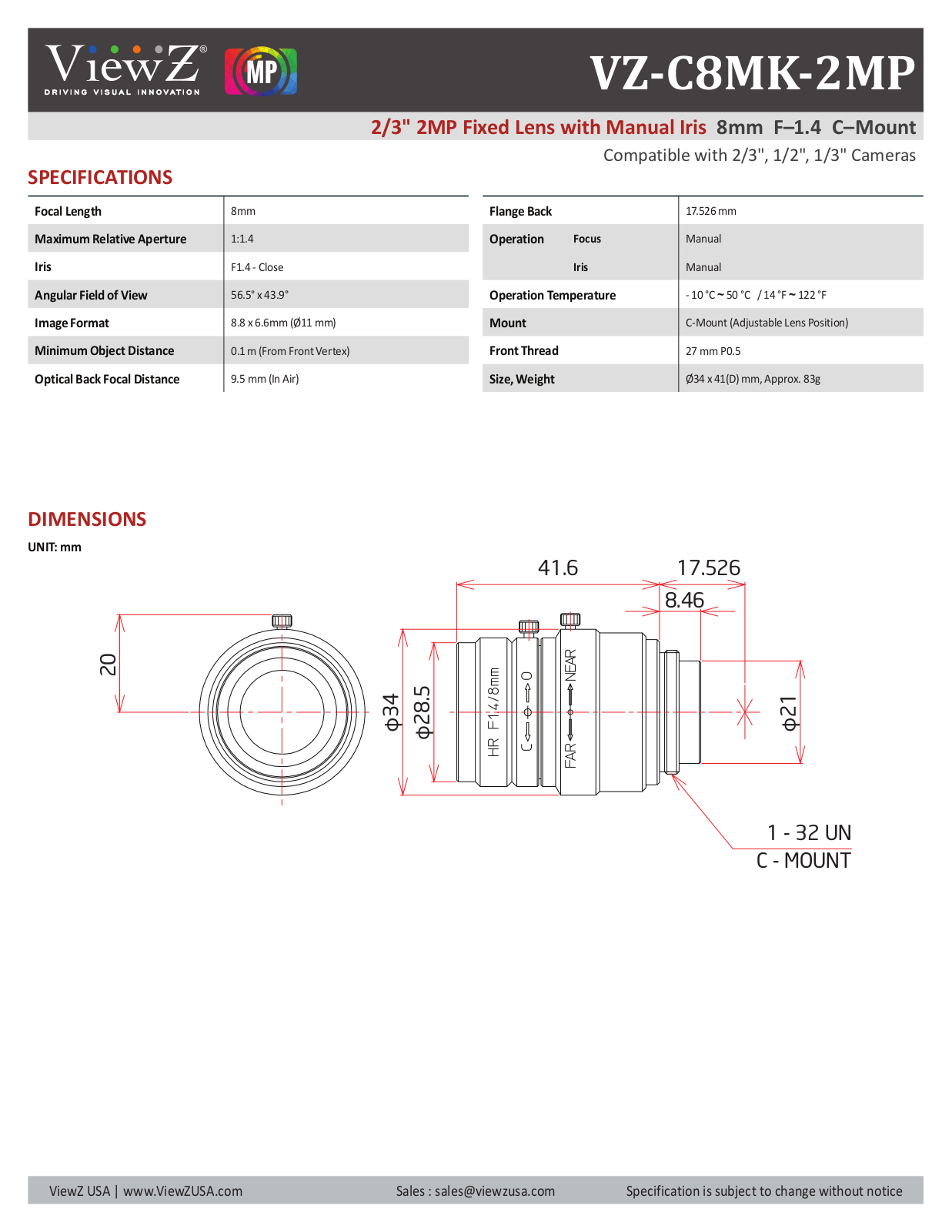 ViewZ VZ-C8MK-2MP Specsheet