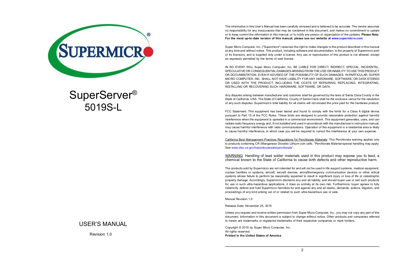 Super Micro SYS-5019S-L User Manual