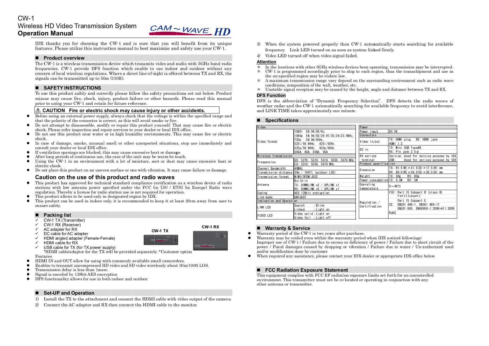 IDX CW 1 12061201 User Manual