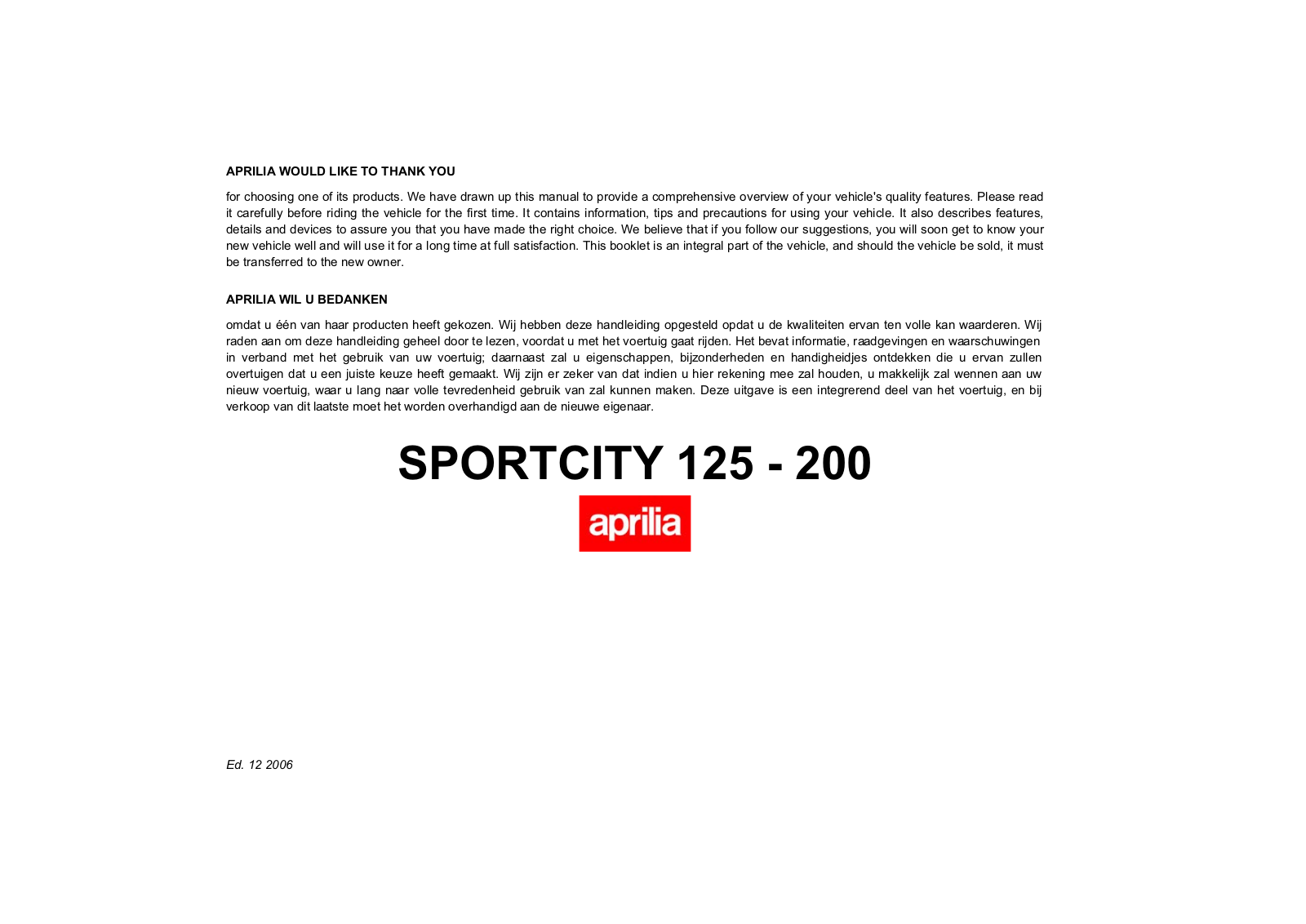 Aprilia Sportcity 125-200 2006 Owner's manual