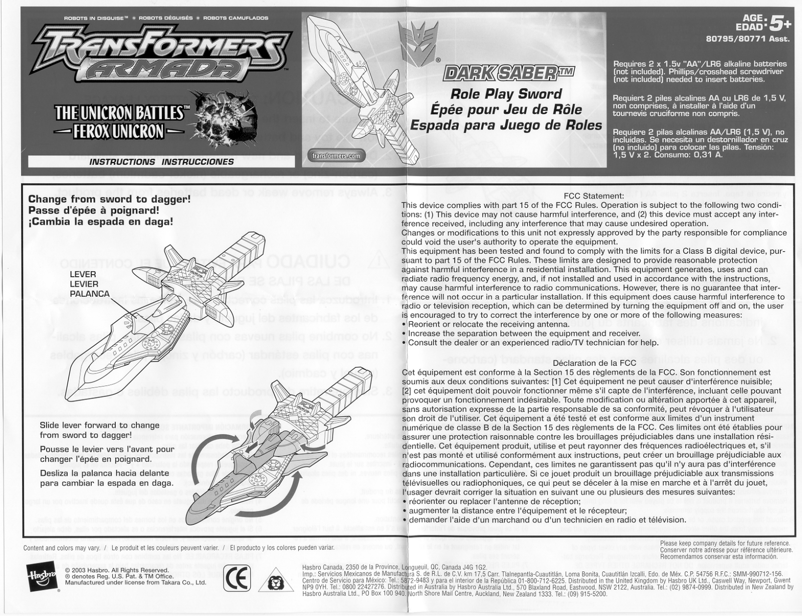 Hasbro TRANSFORMERS ARMADA DARK SABER SWORD ROLLPLAY User Manual