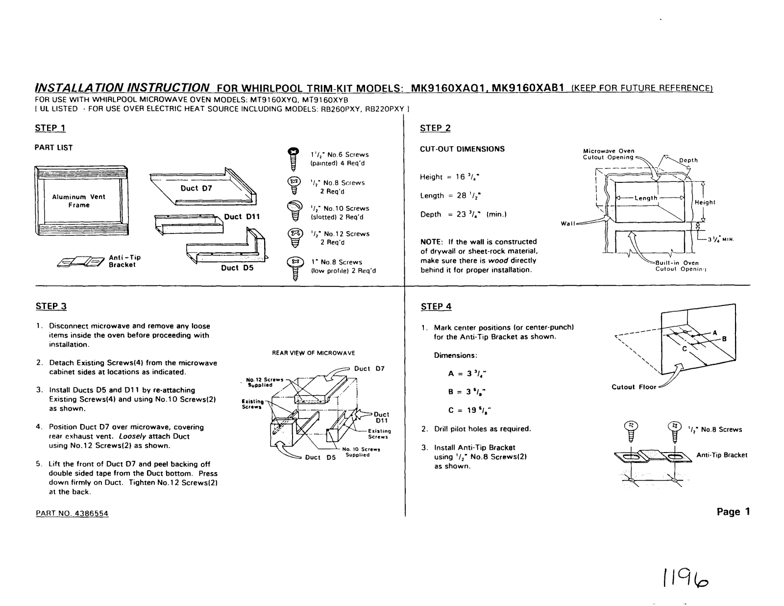 Whirlpool MK9160XAQ1, MK9160XAB1 Installation Instructions