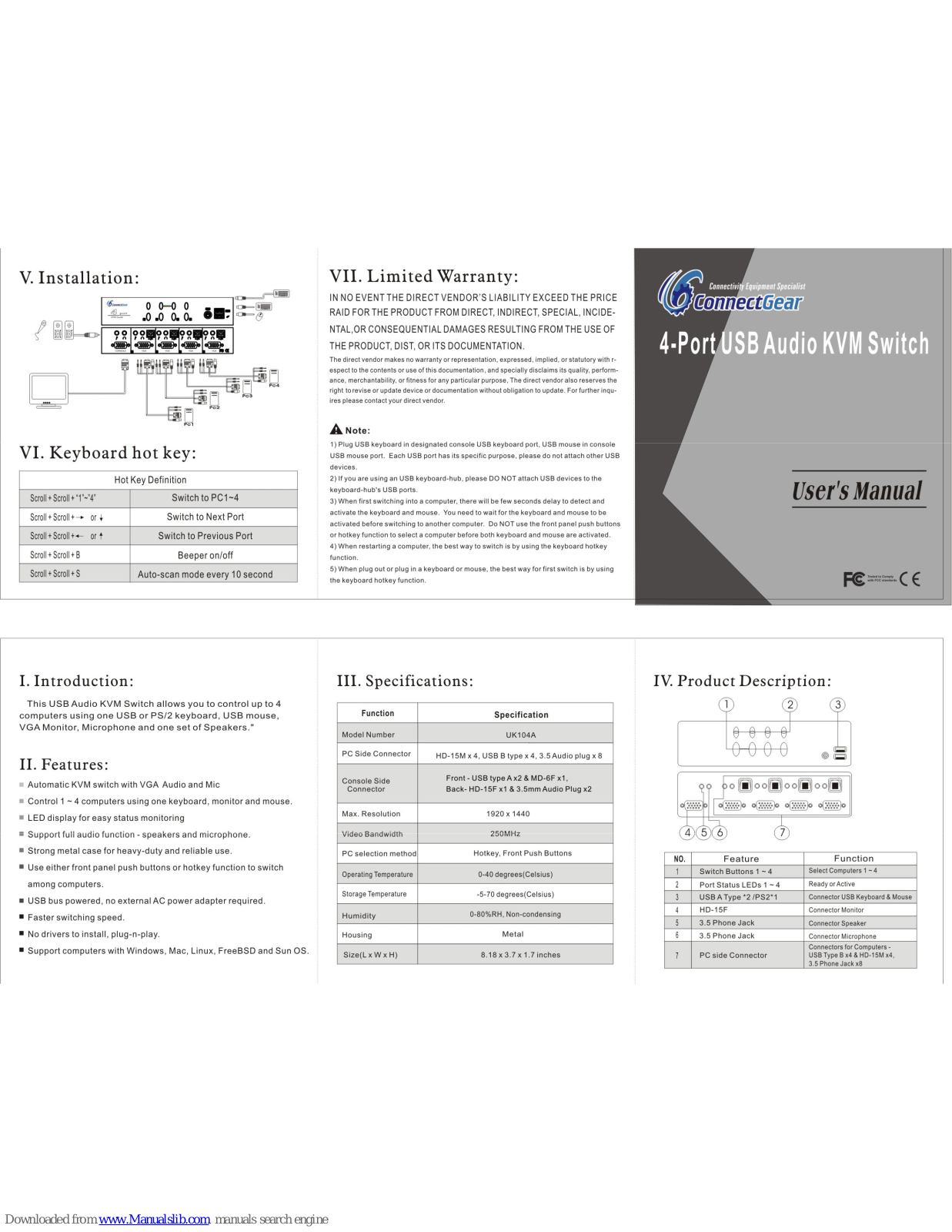 ConnectGear 4-port usb audio KVM switch, UK104A User Manual