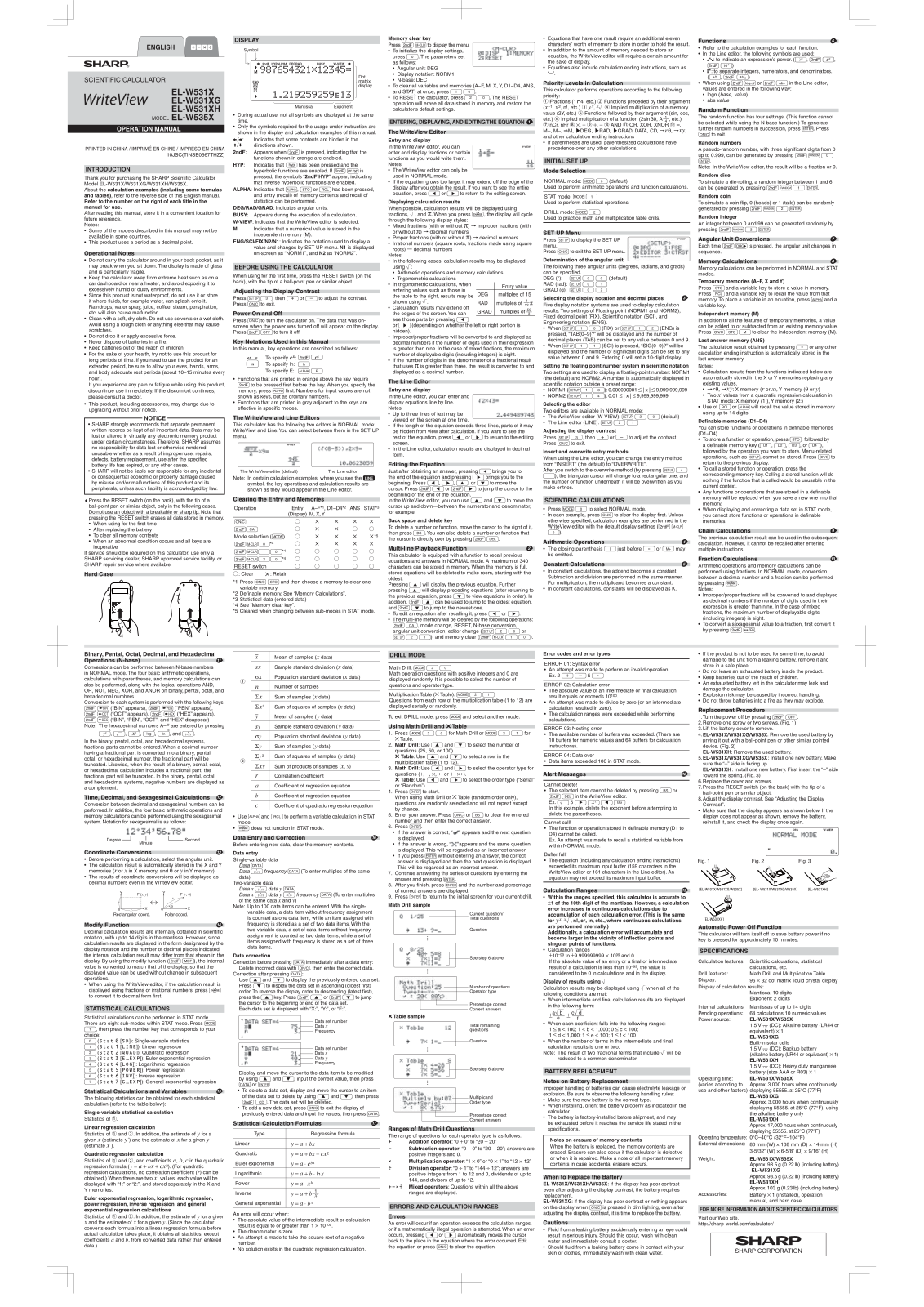 Sharp EL-W535XBSL Owner's Manual