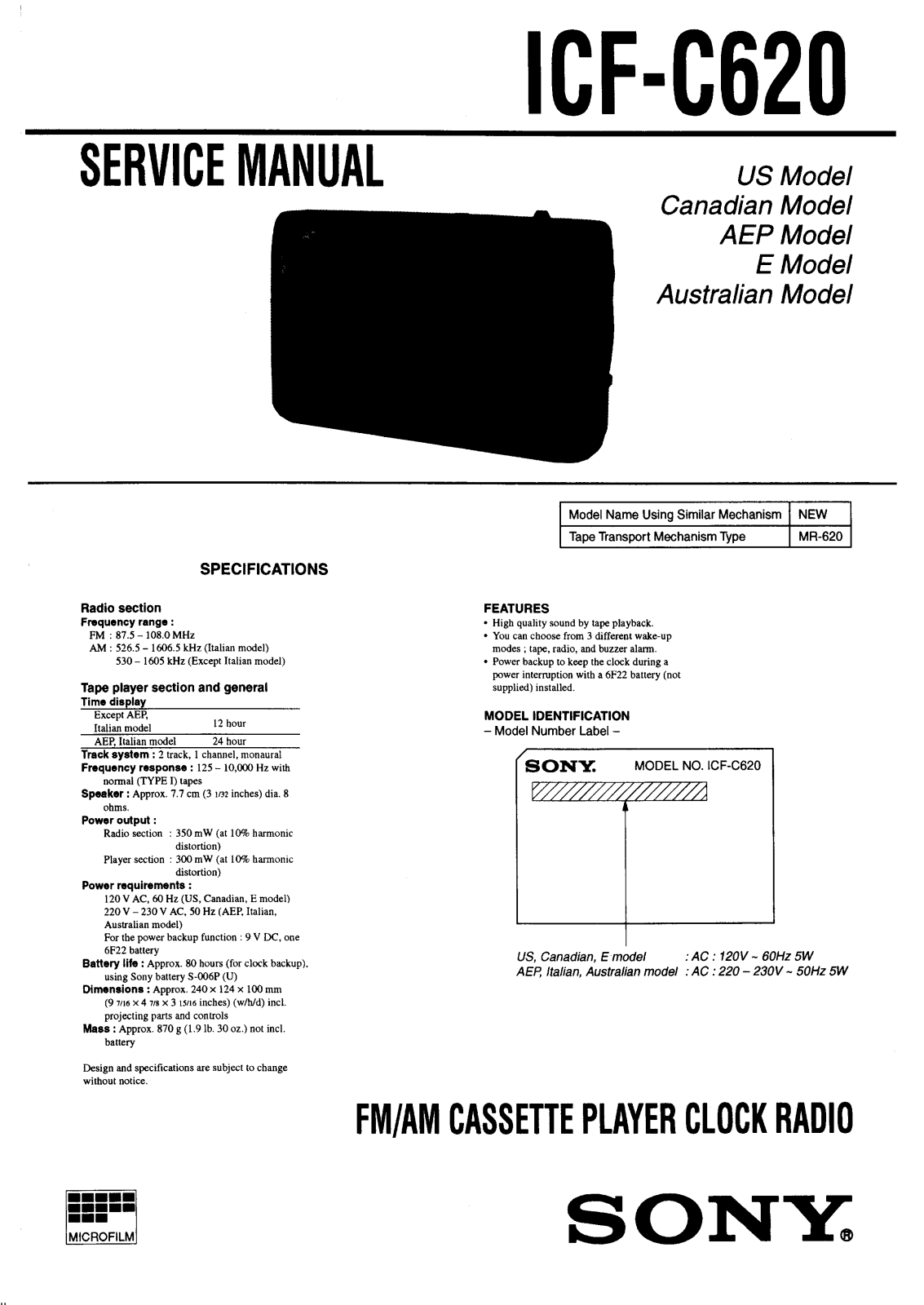 Sony ICFC-620 Service manual