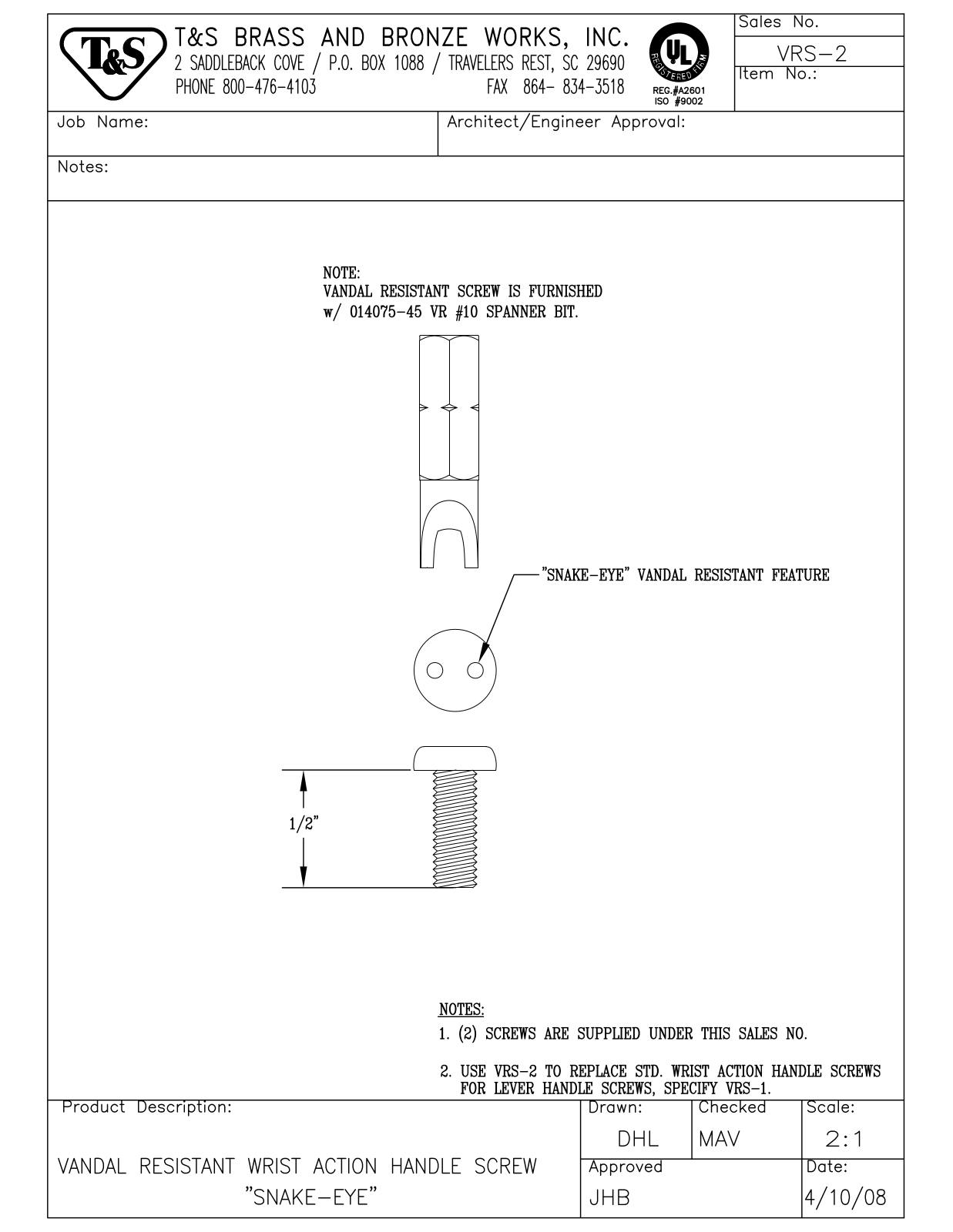 T&S Brass VRS-2 User Manual