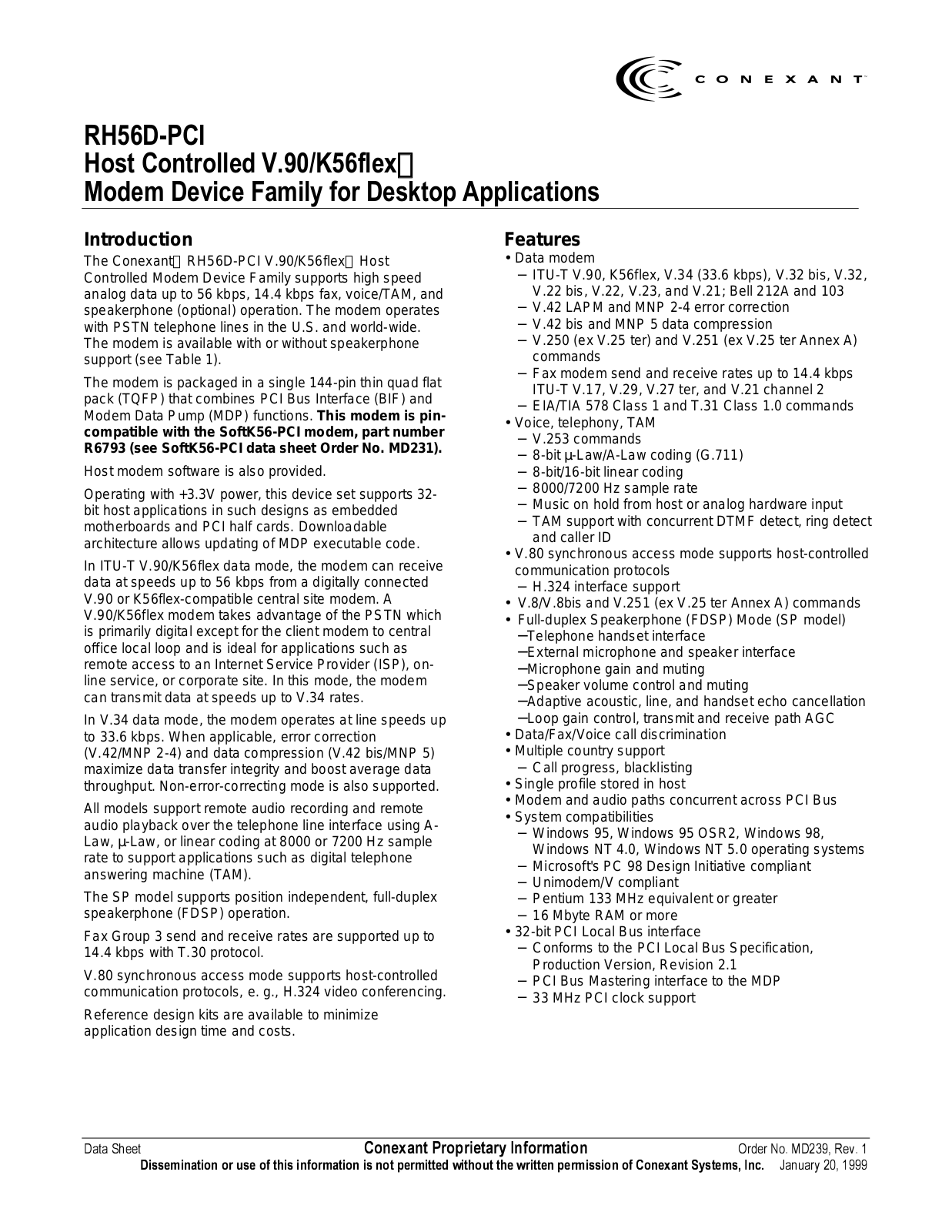 Conexant RH56D-PCI Datasheet