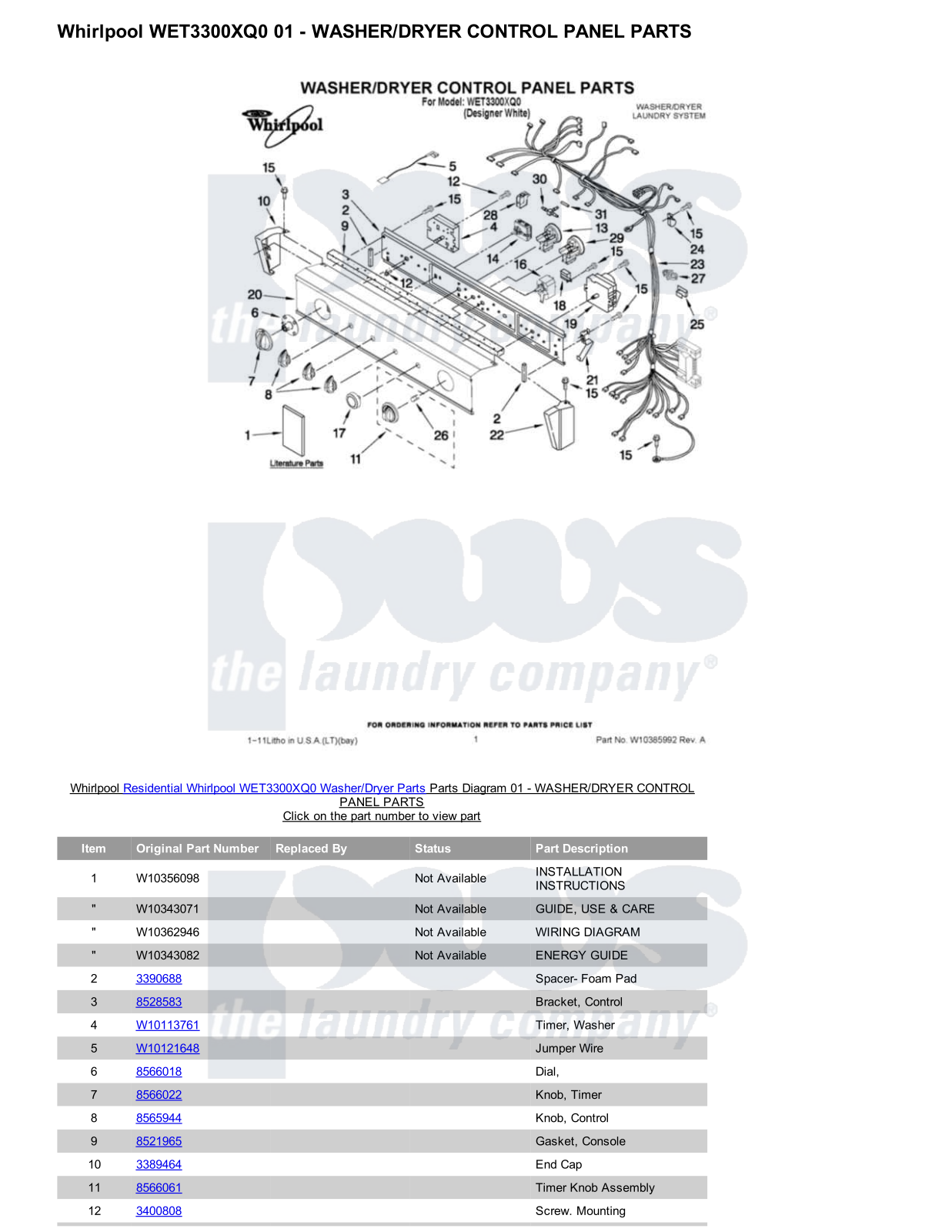 Whirlpool WET3300XQ0/Dryer Parts Diagram