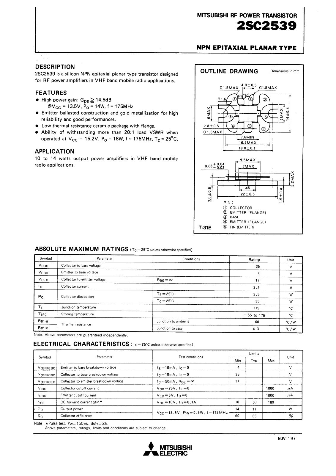 Mitsubishi Electric Corporation Semiconductor Group 2SC2539 Datasheet