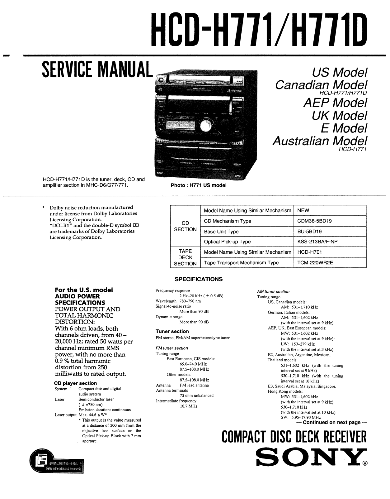 Sony HCD-H771, HCD-H771D Service Manual