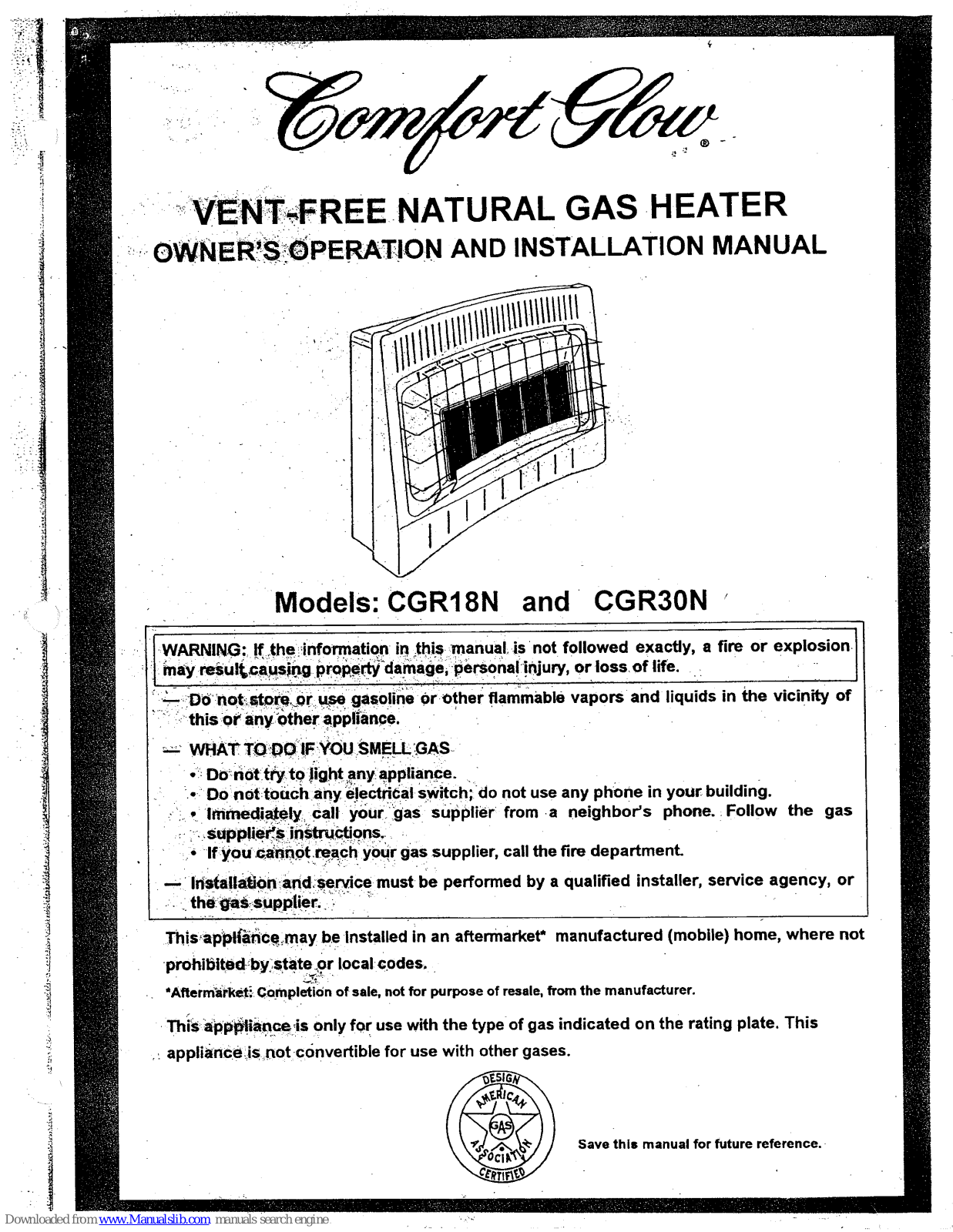 Comfort Glow CGR18N, CGR30N Owner's Operation And Installation Manual