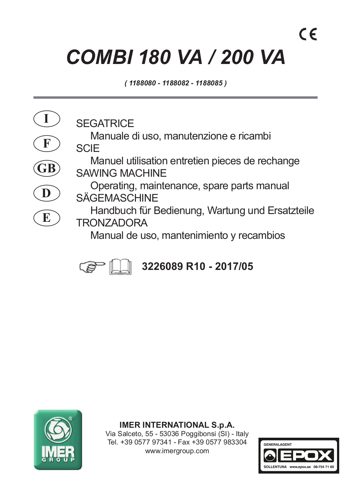 IMER COMBI 200 VA, COMBI 180 VA Operating, Maintenance, Spare Parts Manual