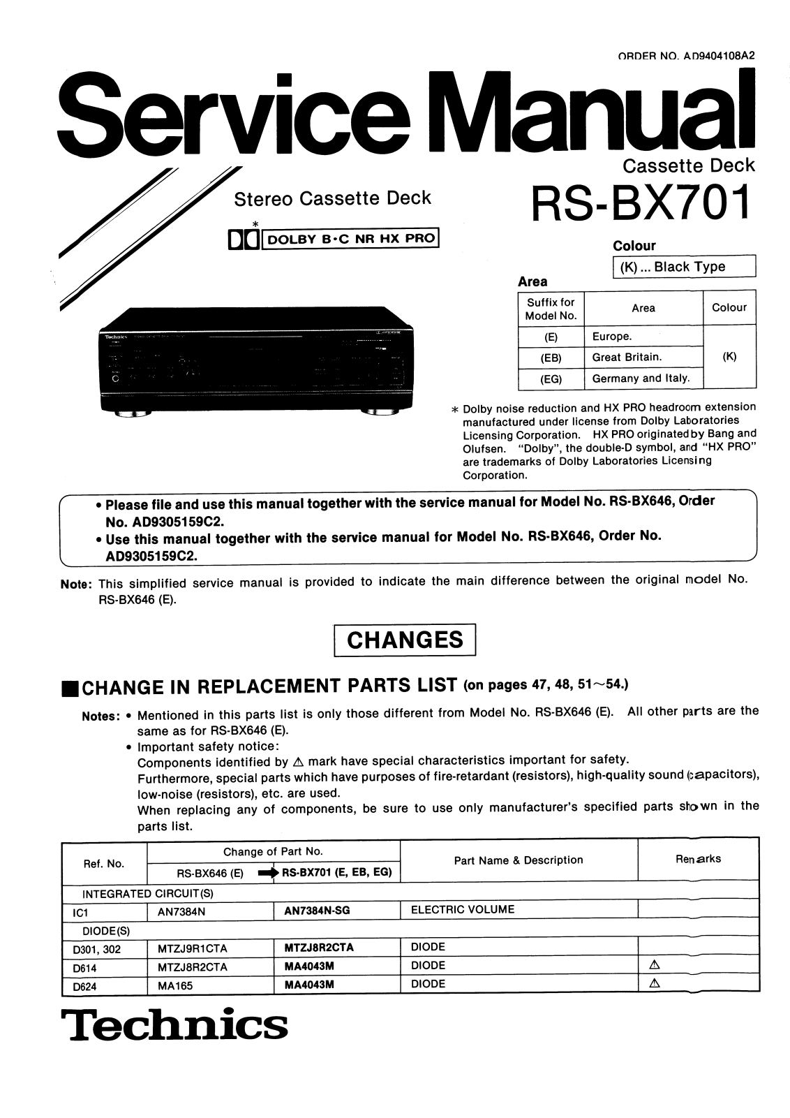 Technics rs-bx701sr Service Manual