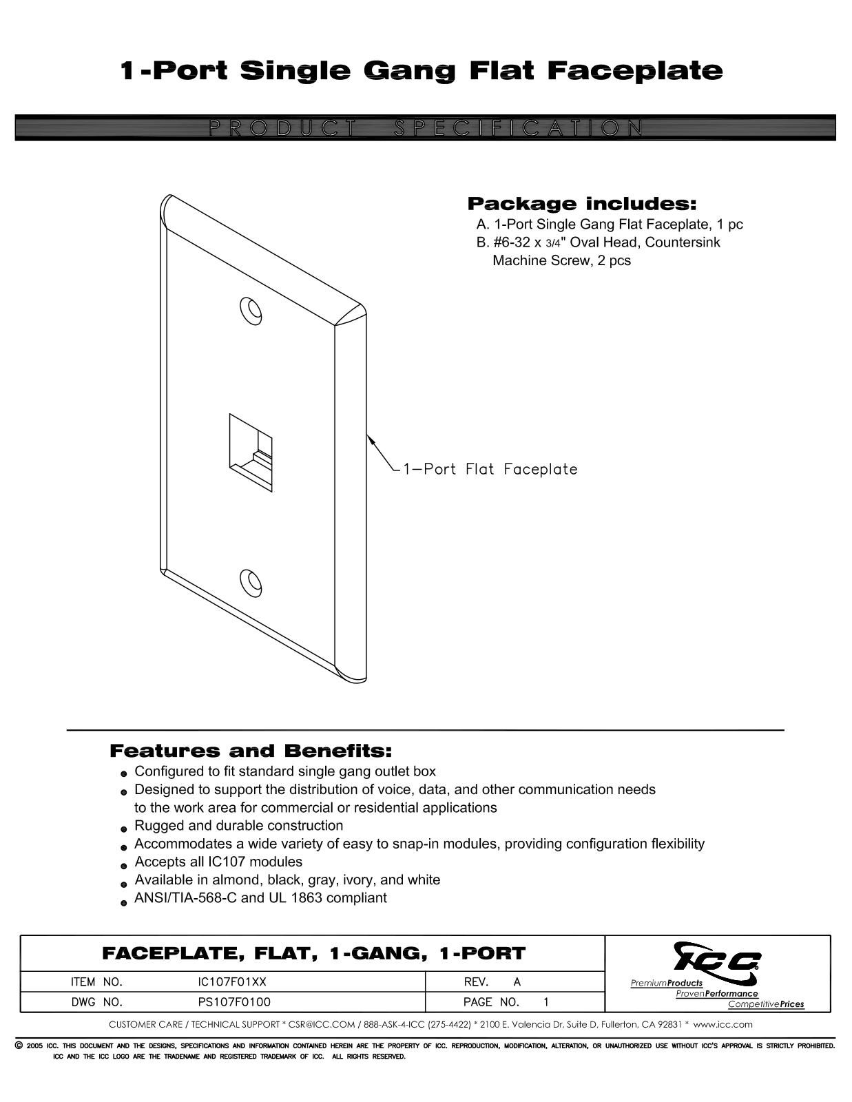 ICC IC107F01AL, IC107F01BK, IC107F01GY, IC107F01IV, IC107F01WH Specsheet