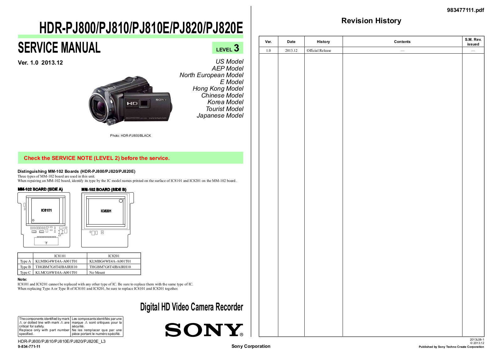 Sony HDR-PJ800, HDR-PJ810, HDR-PJ810E, HDR-PJ820, HDR-PJ820E Schematic