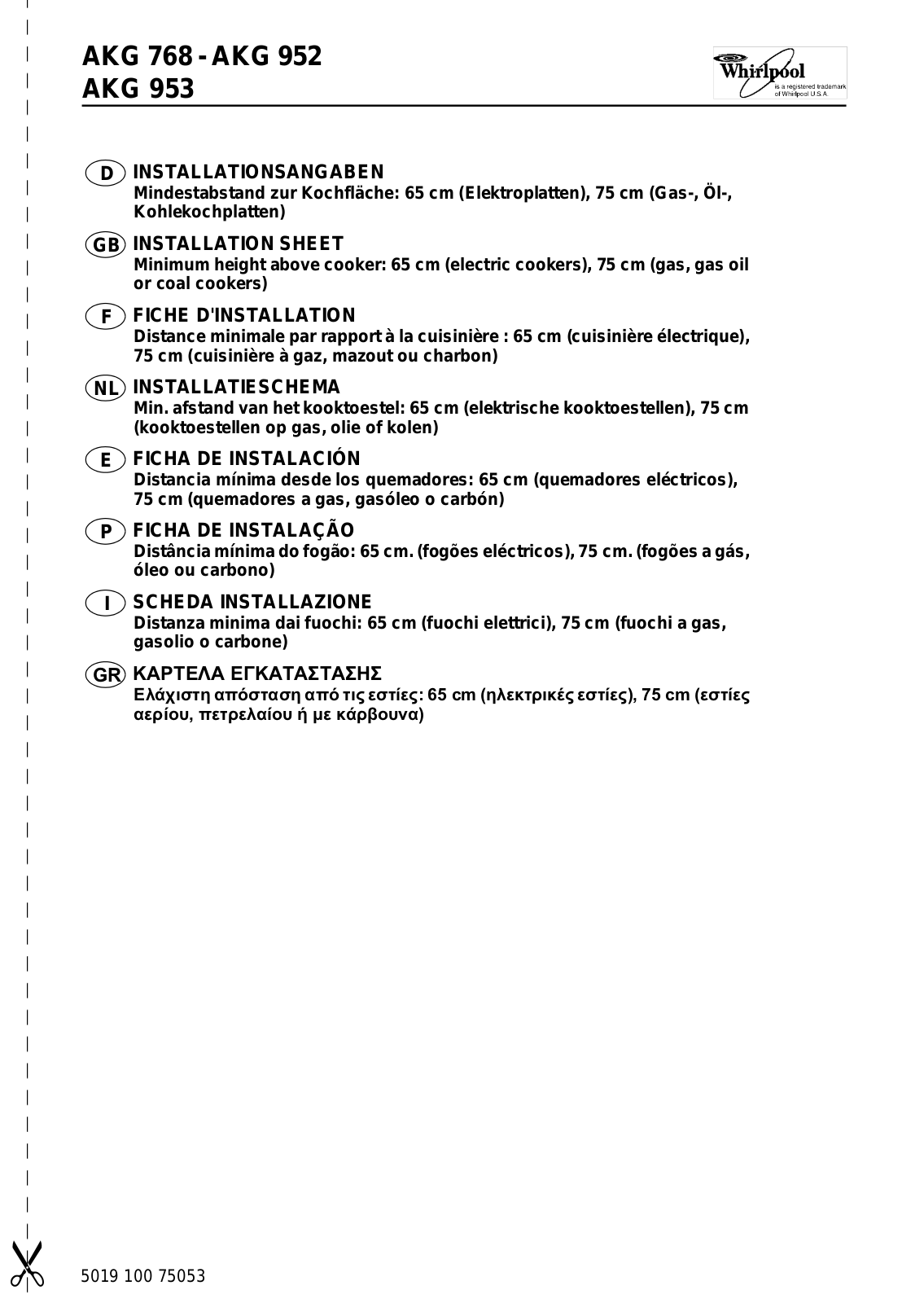 Whirlpool AKG 768, AKG 952, AKG 953 INSTALLATION SHEET