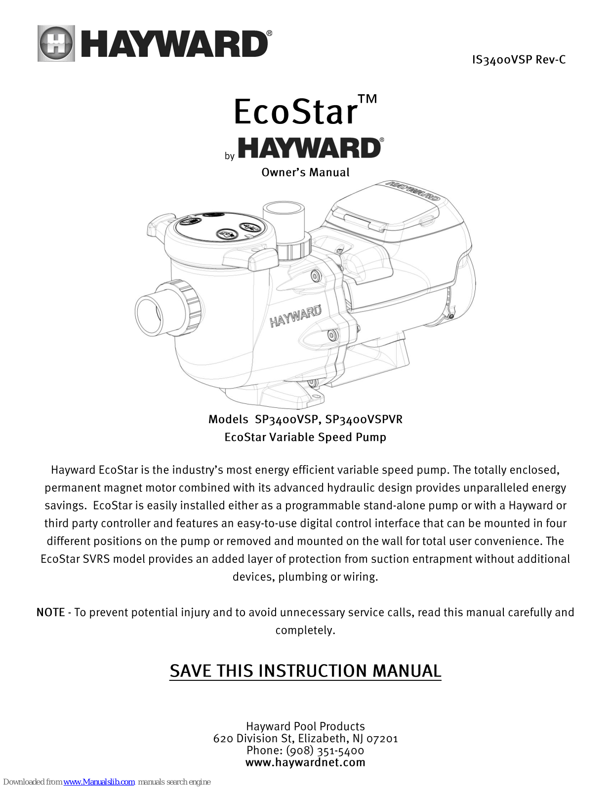 Hayward EcoStar, EcoStar SVRS, SP3400VSP, SP3400VSPVR User Manual