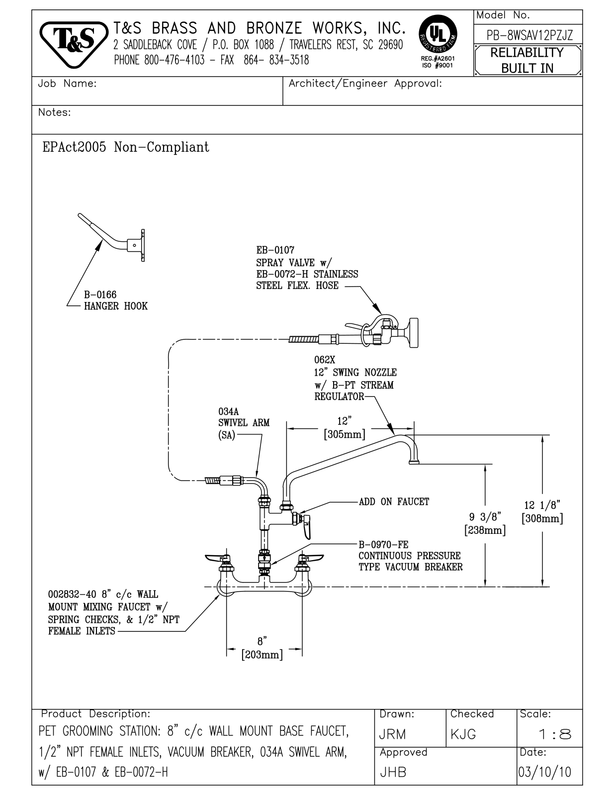 T&S Brass PB-8WSAV12PZJZ User Manual