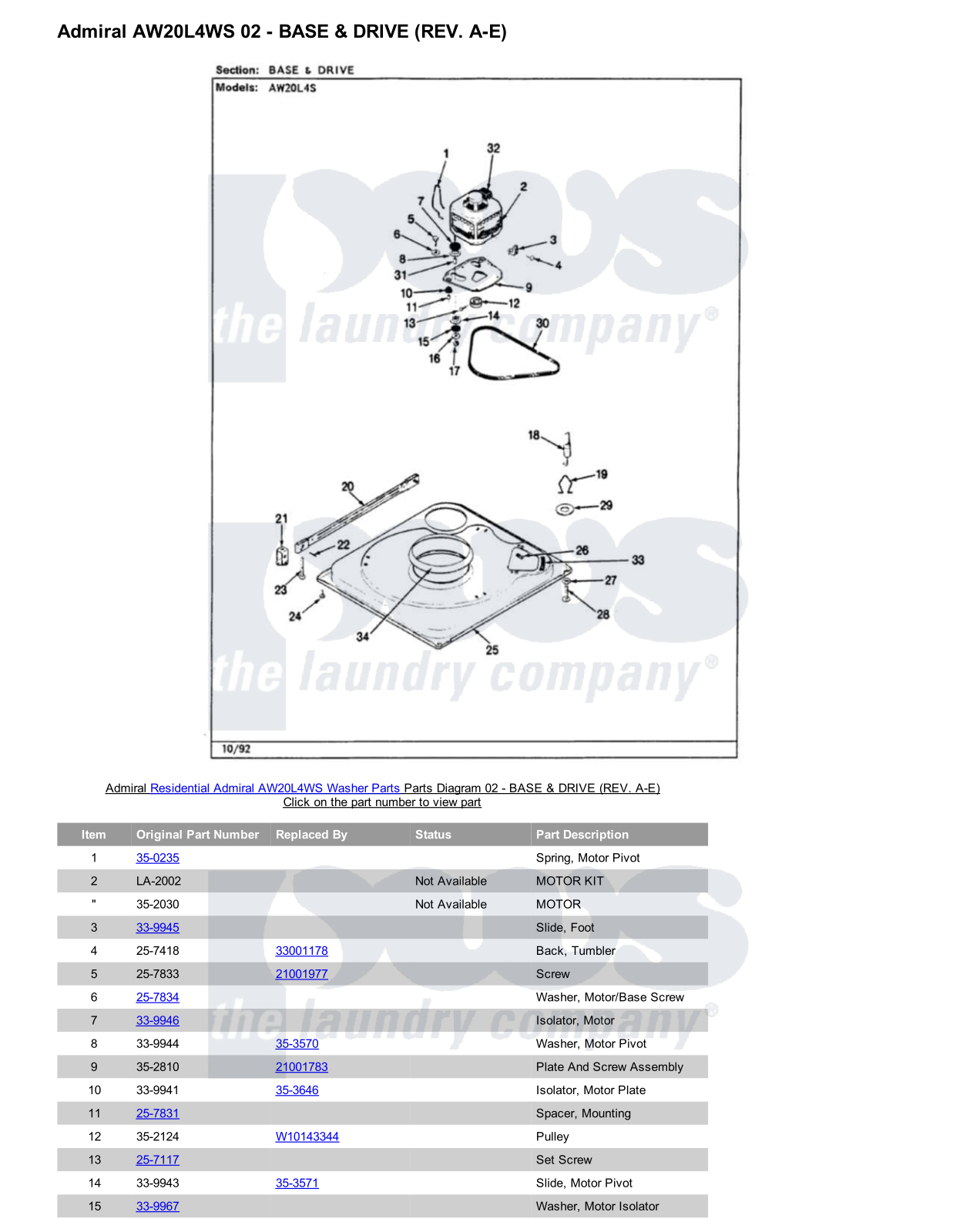 Admiral AW20L4WS Parts Diagram