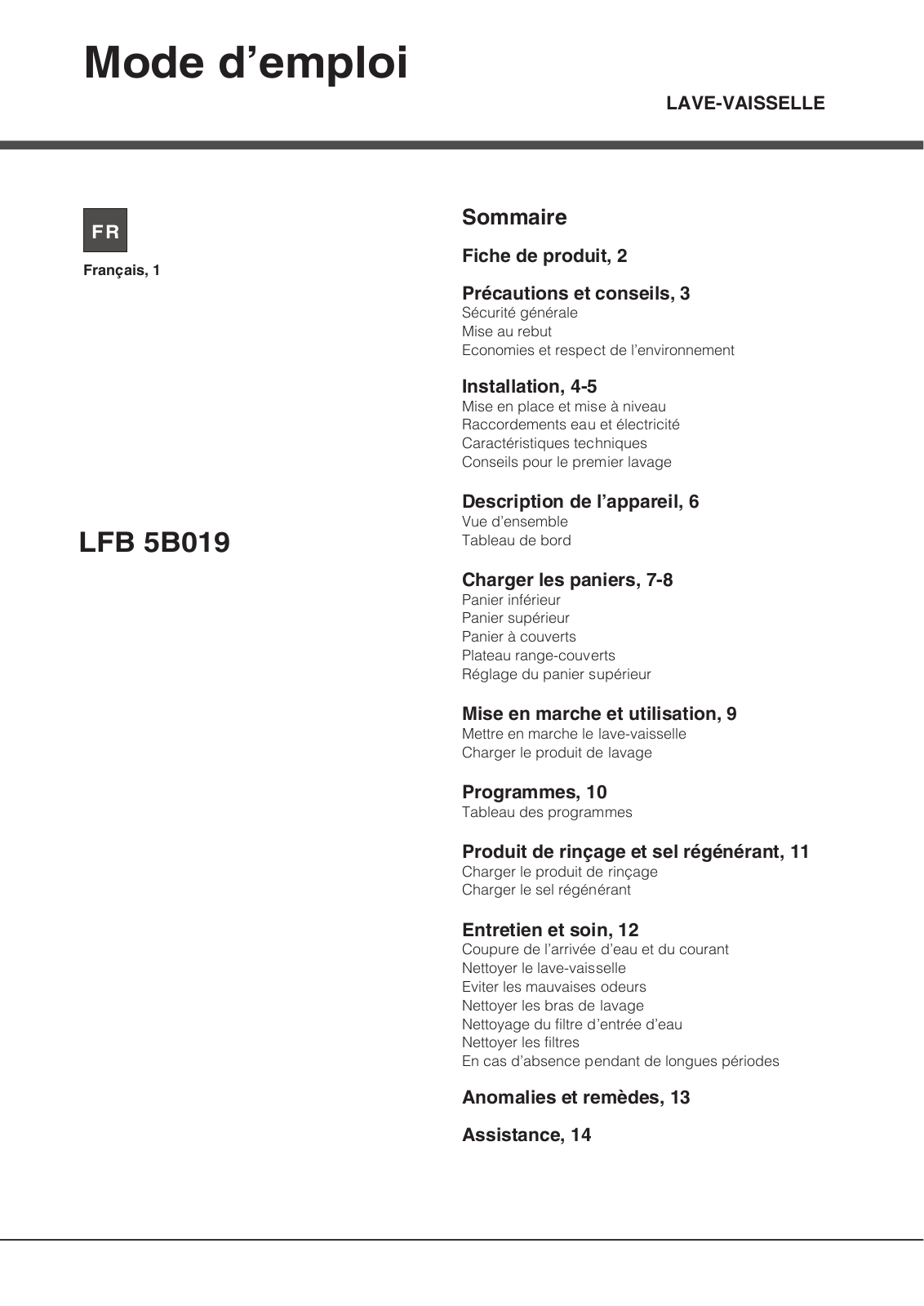 HOTPOINT/ARISTON LFB 5B019 X FR User Manual