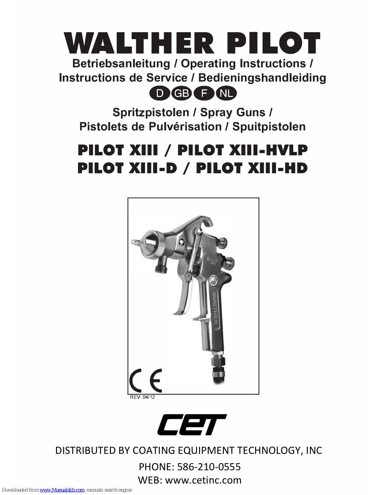 WALTHER PILOT PILOT XIII-HVLP, PILOT XIII-HD, PILOT XIII-D Operating Instructions Manual