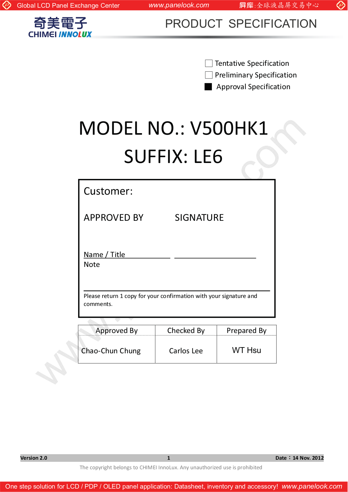 CHIMEI INNOLUX V500HK1-LE6 Specification