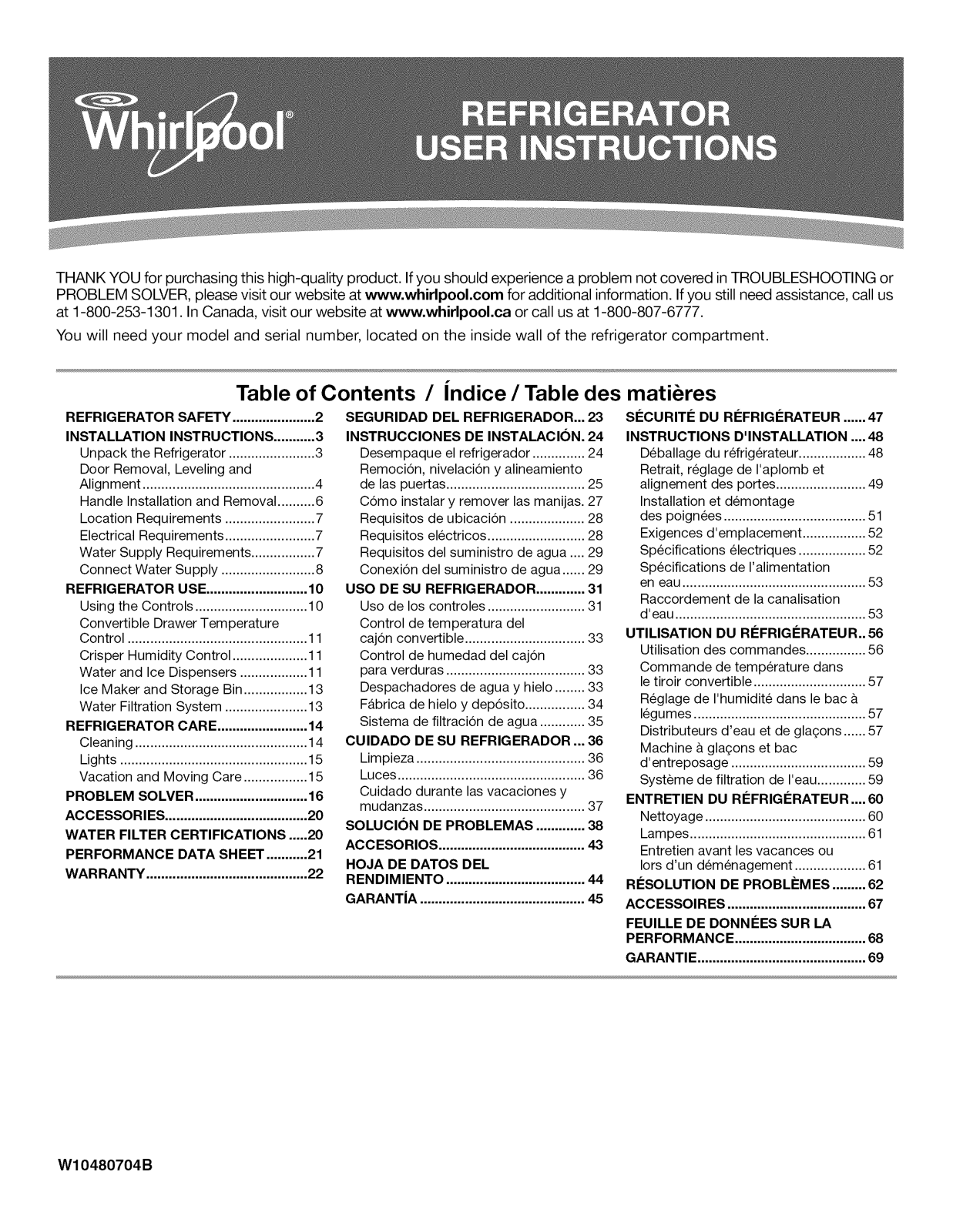 Whirlpool WRS342FIAB04 Owner’s Manual