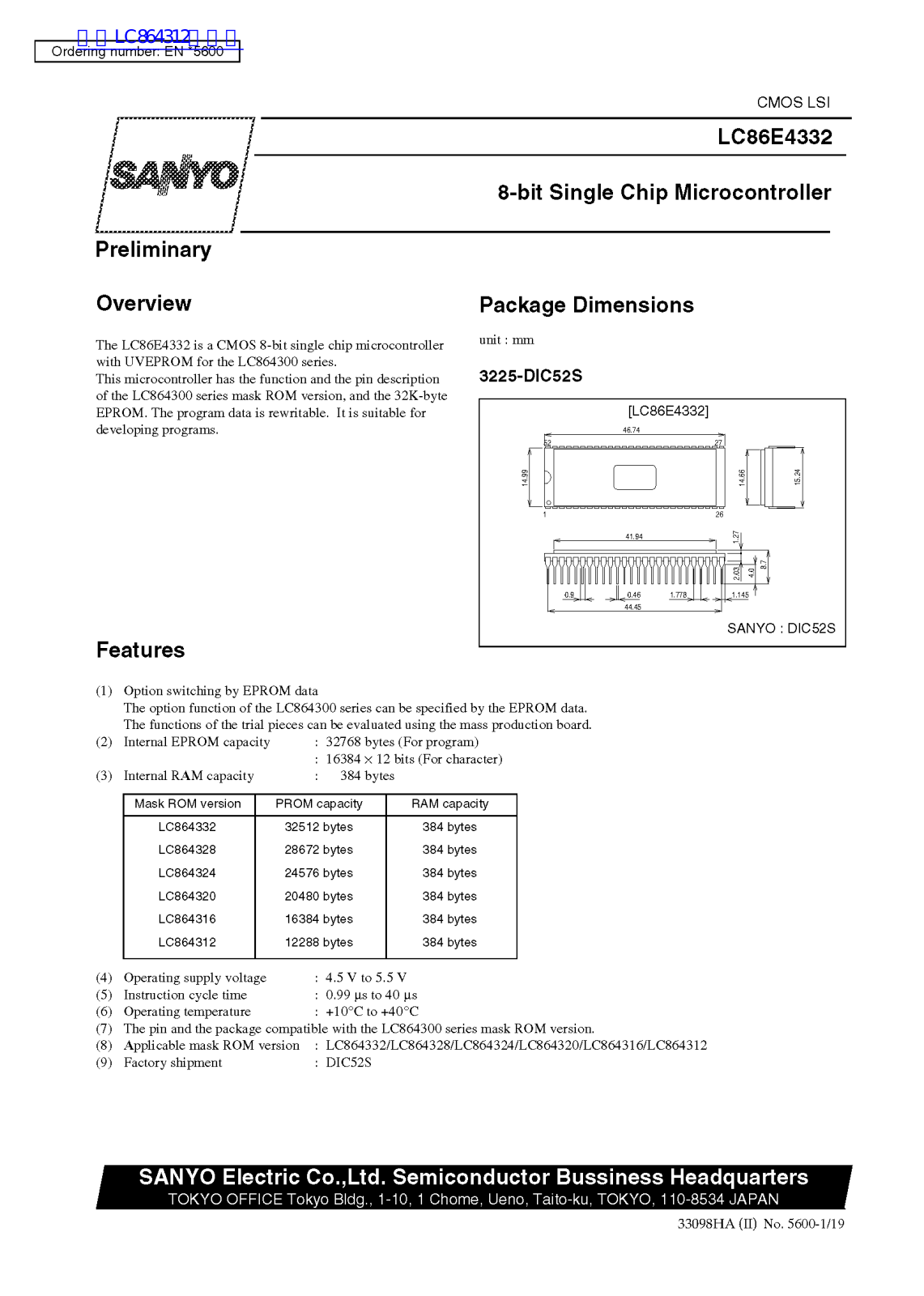 SANYO LC86E433E Technical data